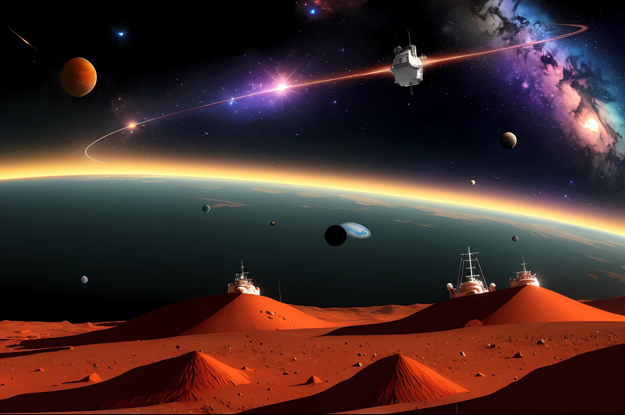 A ship crossing space towards Mars, super colorful, Sagittarius hill anthill design, with colored crystals, with some visual effects, fantasy, 3D, Hd, HdR, 4k upscale, v--4.