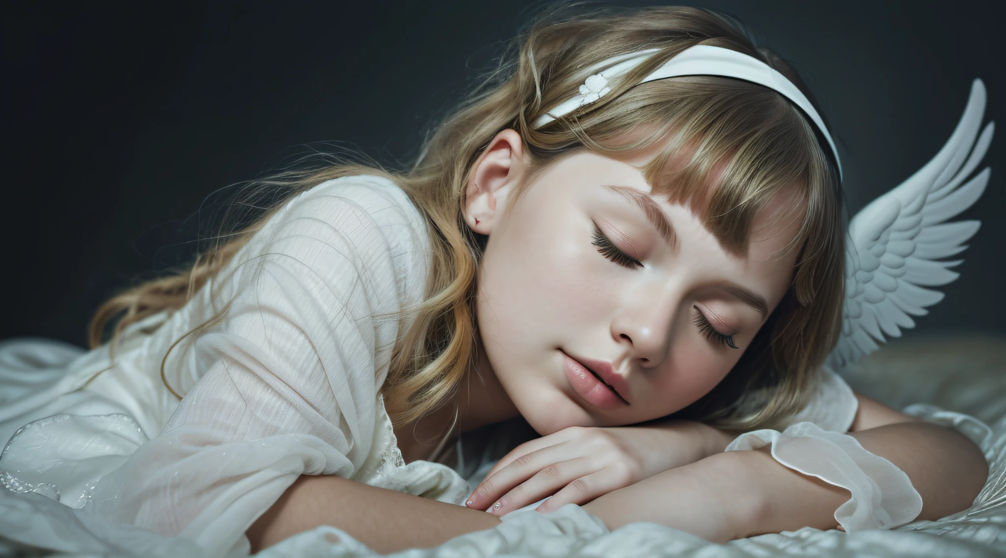 BLONDE CHILD GIRL 10 YEARS, with a headband and closed eyes, sleepy fashion model face, dreaming face, peaceful face, beautiful languid princess, peaceful expression, taylor swift as a celestial angel, black and white portrait, p&m photo, sleeping princess!!!, sleepy, head resting on hands, with eyes closed, black and white portrait, solemn expression