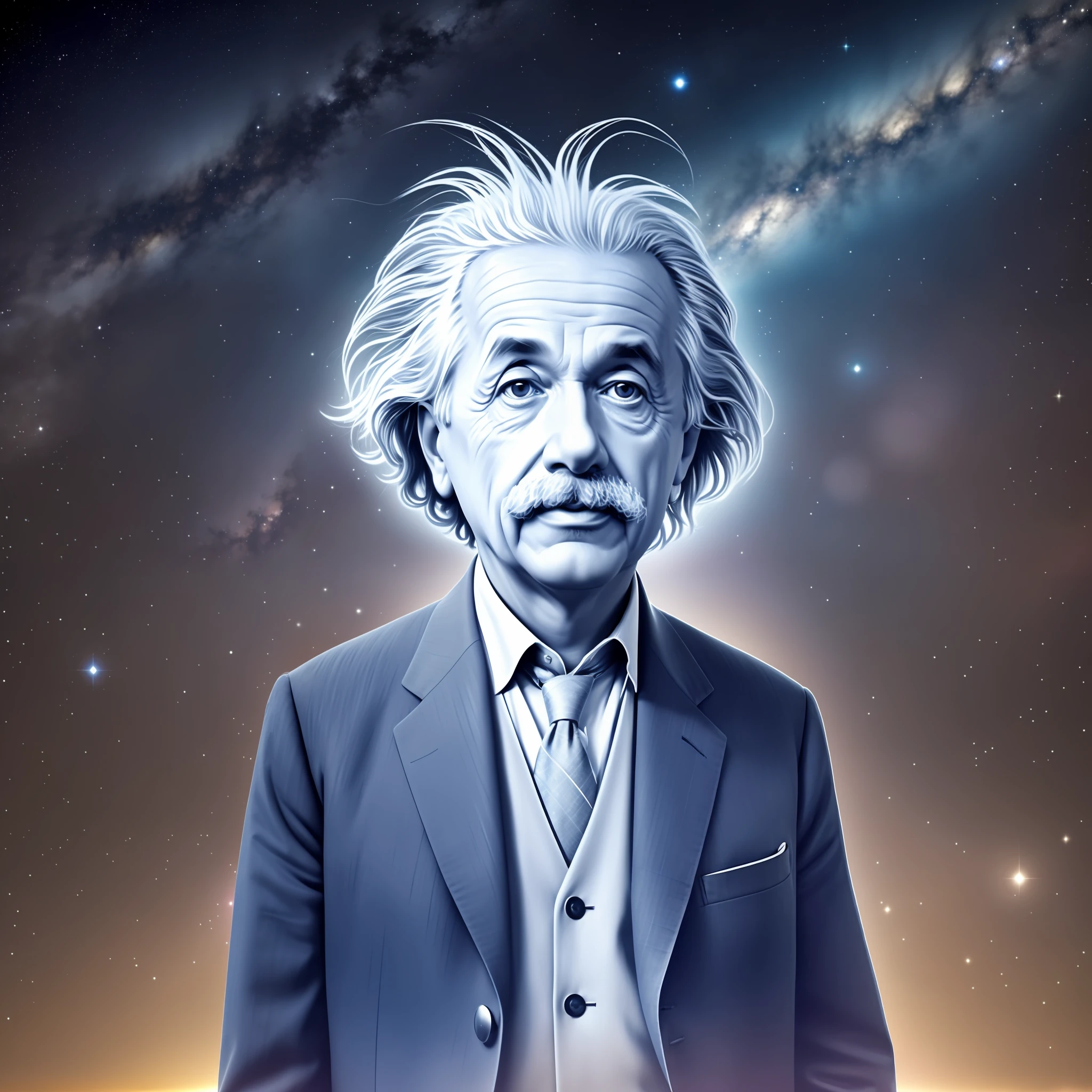 Imagine an image of Albert Einstein deeply concentrated, looking up at the starry night sky, while thinking about the equation of relativity