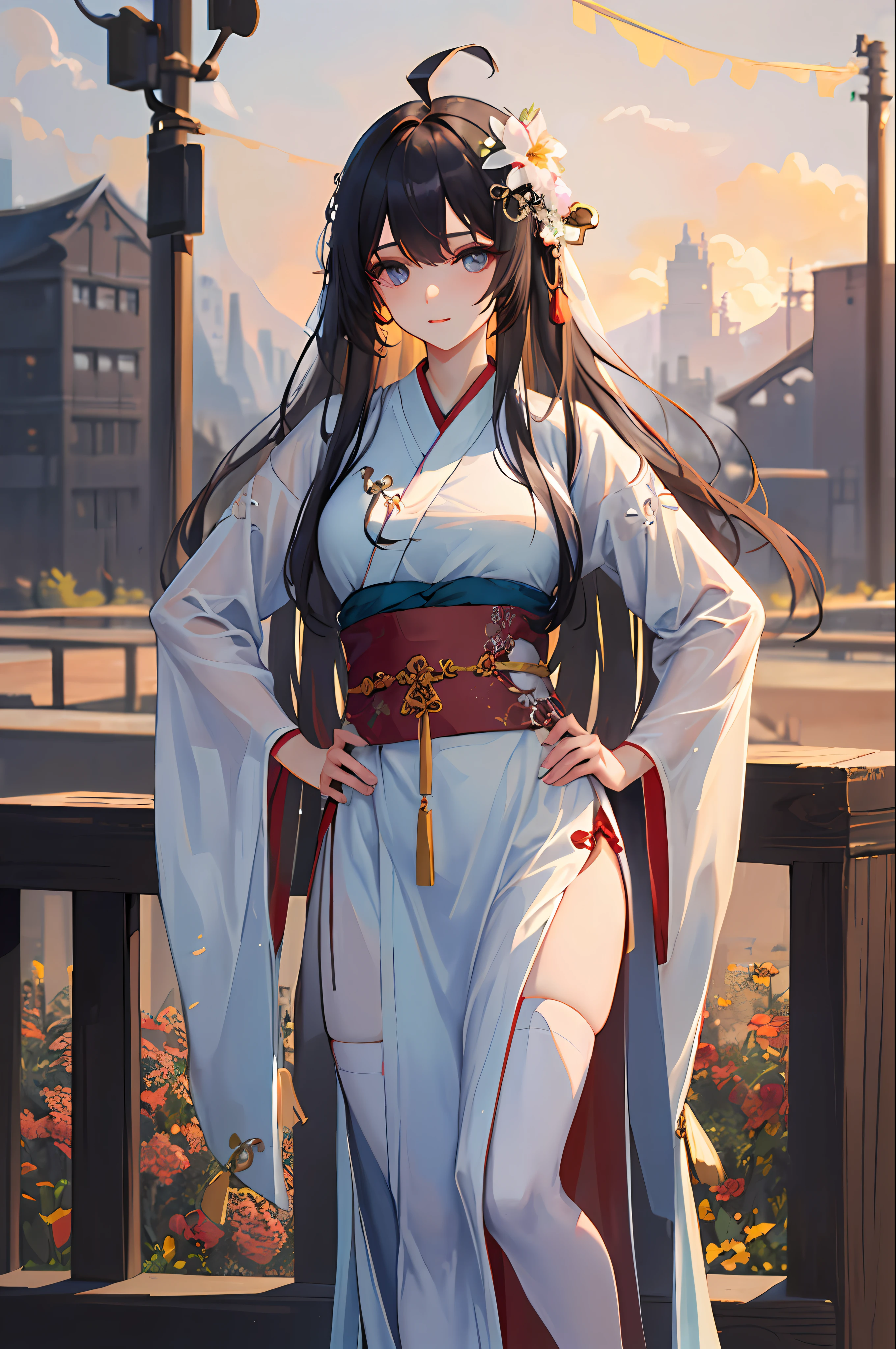 (masterpiece:1.5),(best quality:1.5),(ultra-detailed:1.5),illustration,cowboy shot,1girl,solo,(buildings),perfect face,lustrous skin,long hair,beautiful detailed eyes,beautiful flowing hair,(ru_qun:1.5),(hanfu:1.5),chinese clothes, white dress,white thighhighs, (bloom),lighting, ray tracing,outdoors,  mountains, nature,hair ornament, hair ribbon,hand on hip,looking at viewer,ahoge,large breasts, (deep depth of field:1.5),hair ornament, forest,barefoot sandals