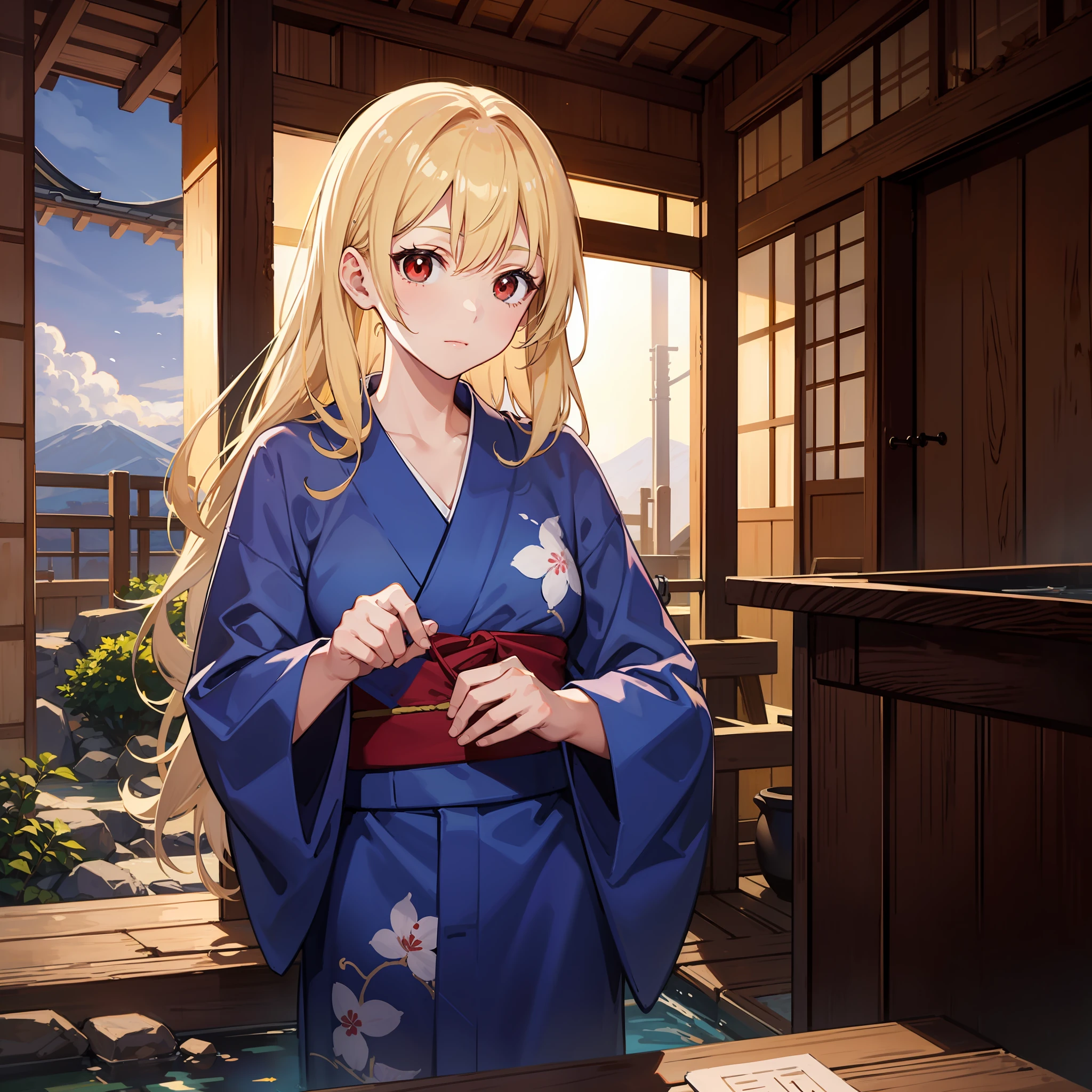 blonde girl, solo, alone, red eyes, onsen town, yukata