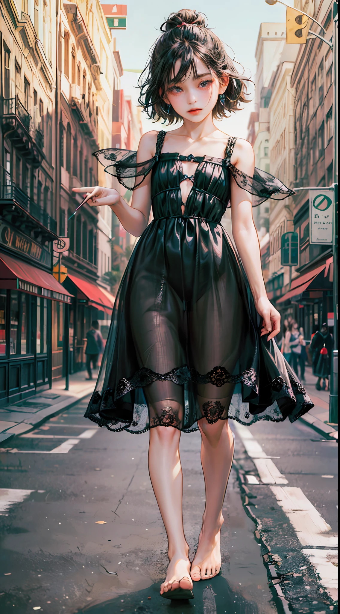 (((full body))), (((1 girl))), painted, flat style, masterpiece, best quality, 8k, sharp focus, skinny girl ((, 10 yey young, fchest)), collarbone, short black hair, black dress (dress with lace, flowing silk), bare legs, barefoot, celestial goddess, high quality, floating in the streets of New York,