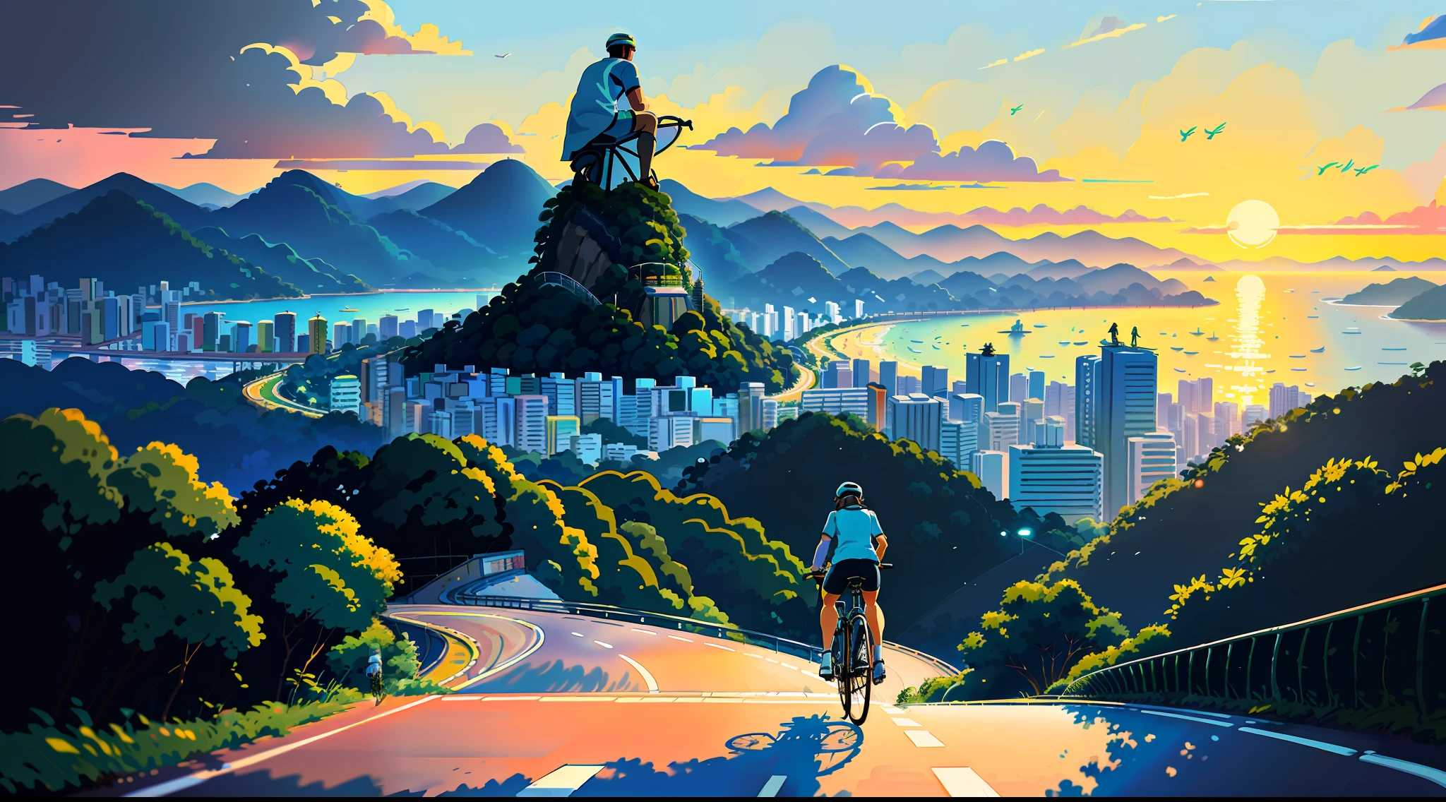 (bike: 1.5), (realistic bike: 1.5), (realistic cyclist: 1.5), back cyclist, Brazil, Rio de Janeiro, Corcovado statue, sunset, landscape background, shadows, contrast, makoto shinkai (Best Quality:1.3), (Highres:1) Art by Studio Ghibli Style, Impressionism, Vibrant colors