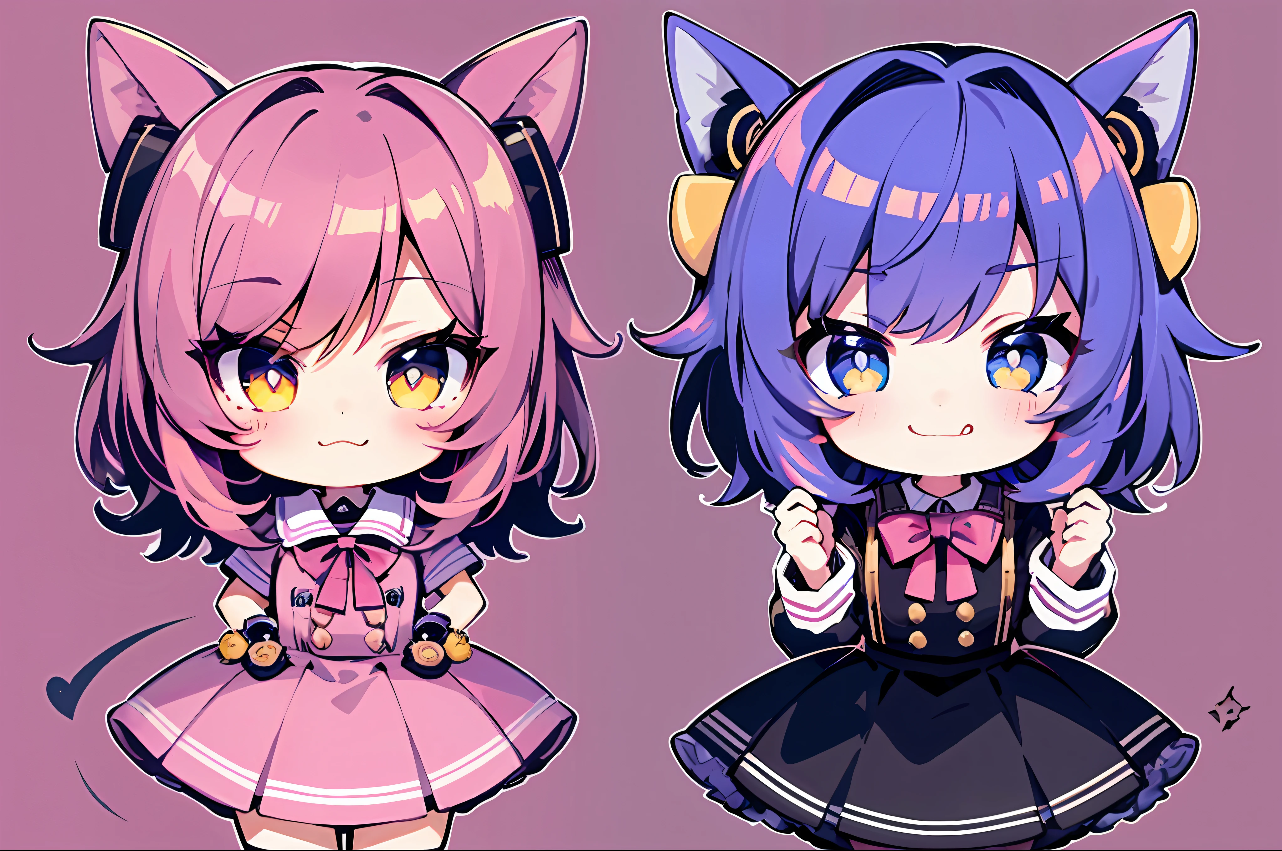nime style, flat colors, thick outlines, smooth outlines, kawaii, looking at viewer, cute background, pink and purple background, Oshi No Ko art style, cute effects, short hair, classic bangs, vibrant blue hair, highlights in hair, shiny yellow eyes, big eyes, smirk, one eye, winking, school girl outfit, flat coloring, simple yet cute colors, thick outlines, amazing outlines, smooth outlines, cute art style, chibi, smug