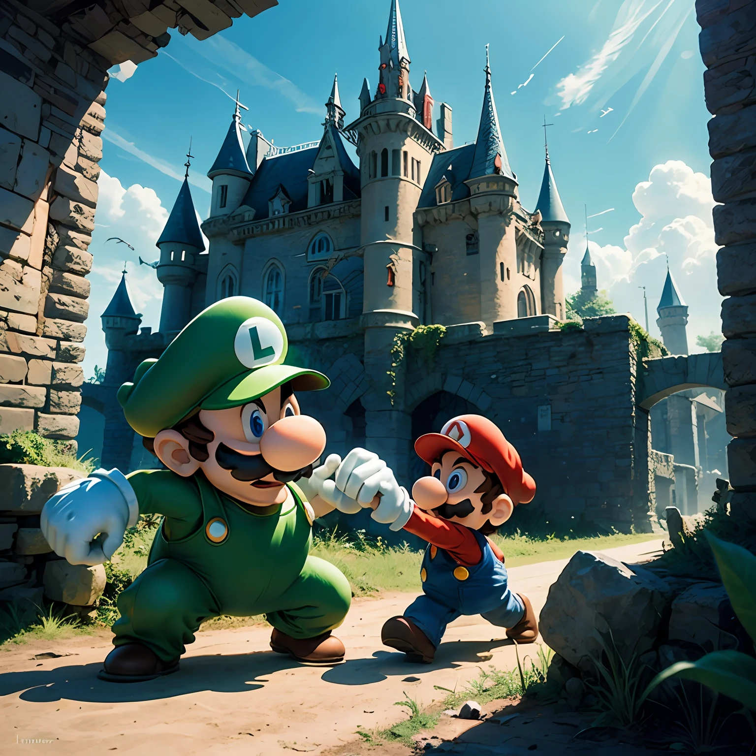 Luigi fighting with Mario in Boo's ghost castle --auto