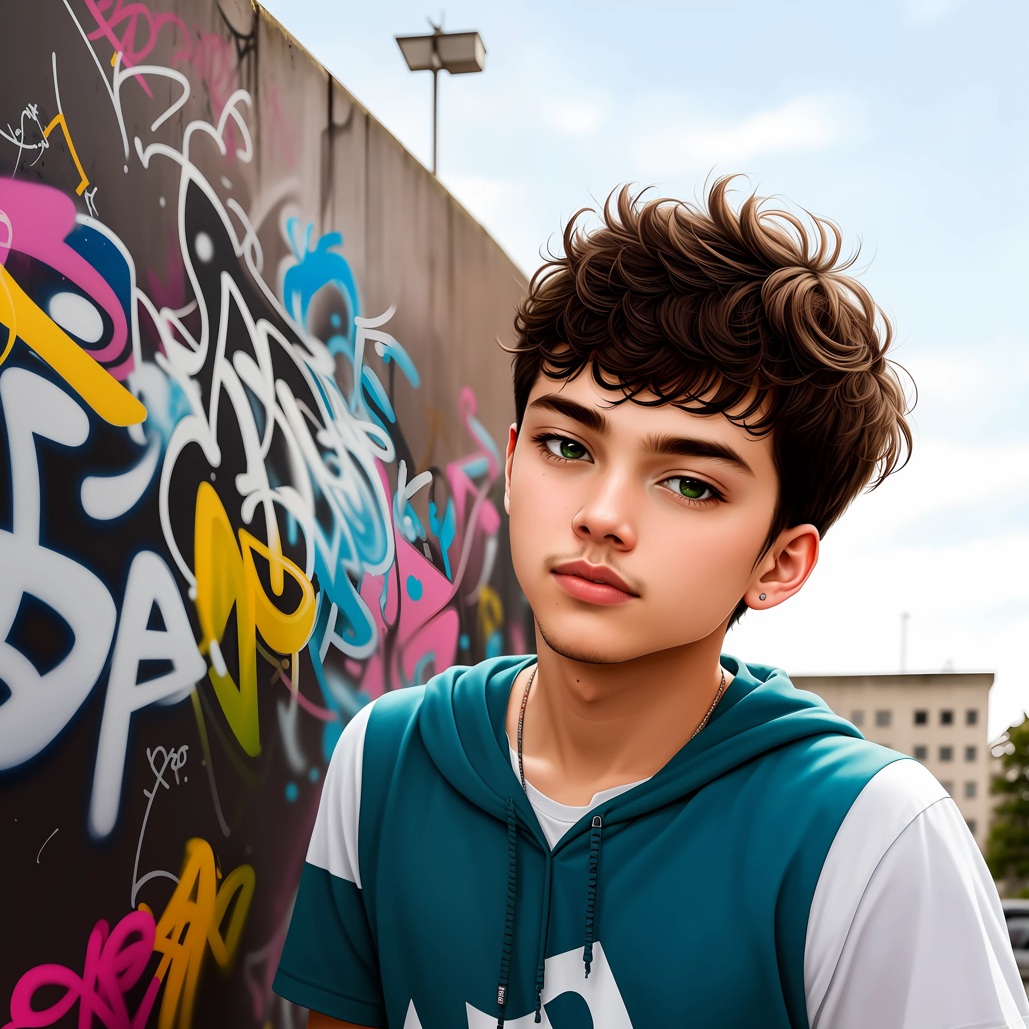 It's a boy, behind is a wall full of graffiti, a slightly green boy, there are also some simple small graffiti on his clothes,