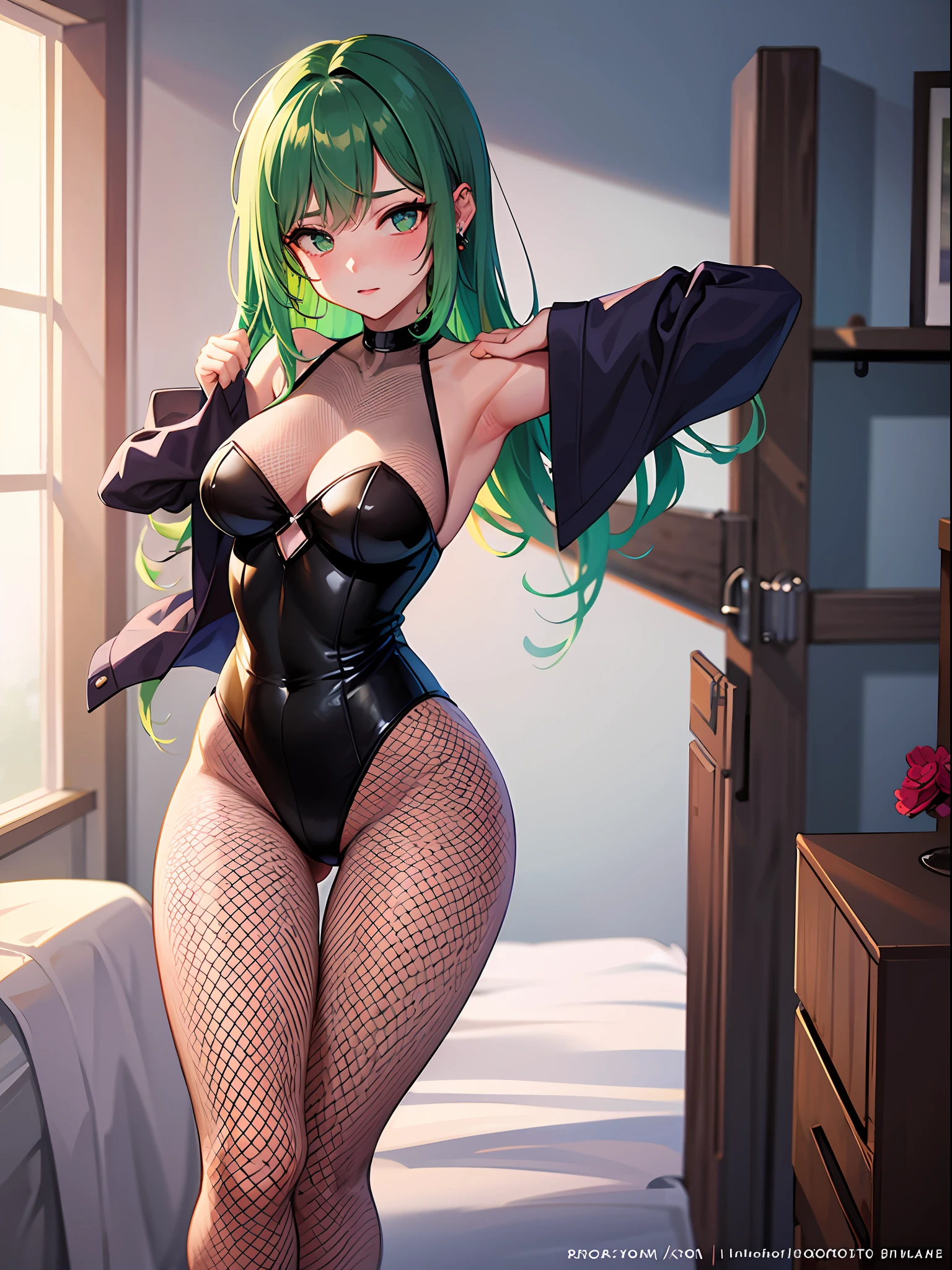 (butt), (bedroom), (sexy girl), masterpiece, best quality, 1girl, bangs, blush, breasts, collarbones, ear piercings, eyebrows visible through hair, (gradient green hair), jewelry, long hair, looking at the viewer, bright eyes, ring, (solo), illustration, fashionable, woman, posing, background, elements, confident, expression, accessory, majestic, eye-catching, focus, dynamic pose, ((skinny)), (fishnet stockings))