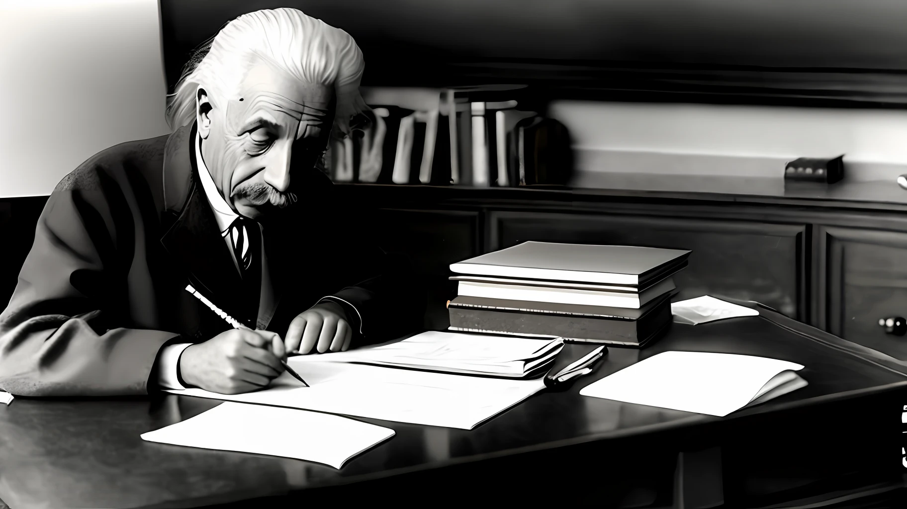 Albert Einstein studying, the theory of relativity, in his office.