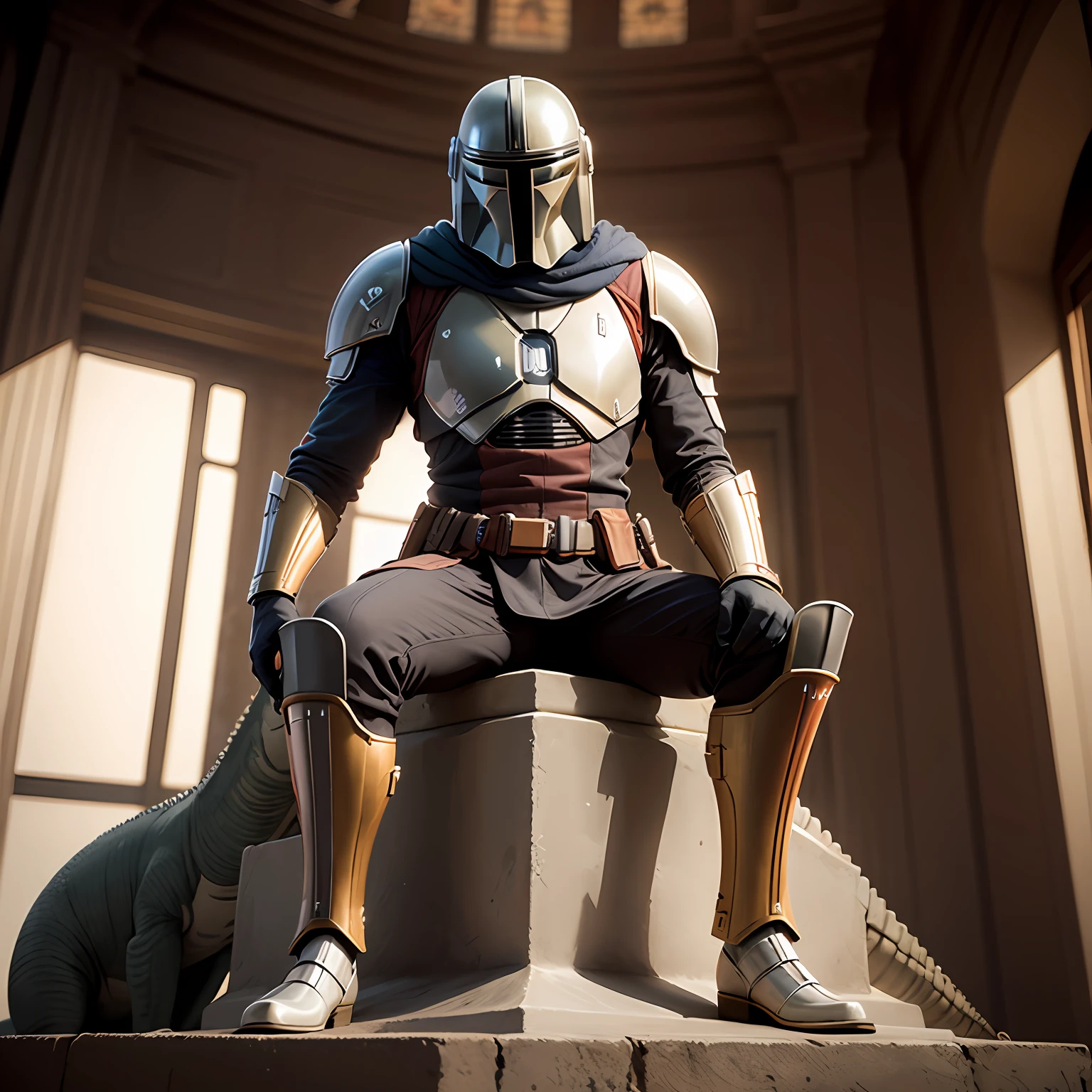 MANDALORIAN SITTING ON TOP OF MITOSAURUS SACRED DISPLAY OF THE MANDALORIANS, SUPER REALISTIC IMAGE --auto