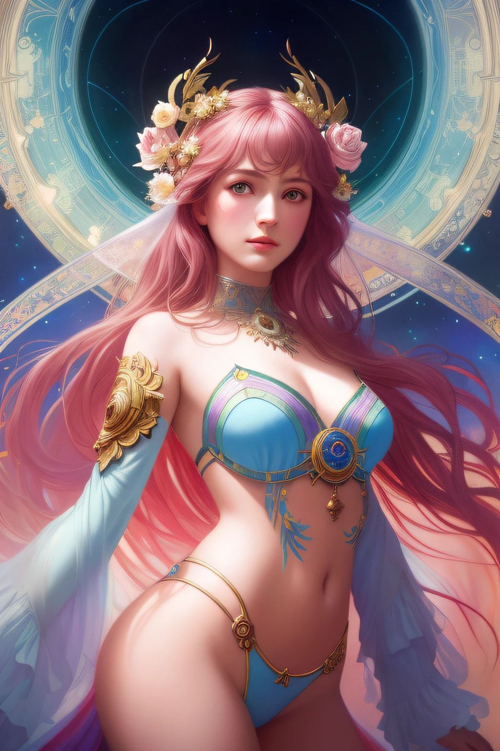Masterpiece, best quality, (8k, RAW photo: 1.2), (symmetrical background), (1girl), (solo exhibition), Ali Larson's dreamy portrait, dreamy and ethereal, expressive posture, big pink eyes, exciting expression, fantasy, intricate, elegant, lots of rainbow bubbles, rose tones, very detailed, digital painting, artstation, conceptual art, cyberpunk wear, smooth, sharp focus, illustration, artmm and Greg Rutkowski and Alphonski Se Mucha, a work of art by Salvador Dalí.