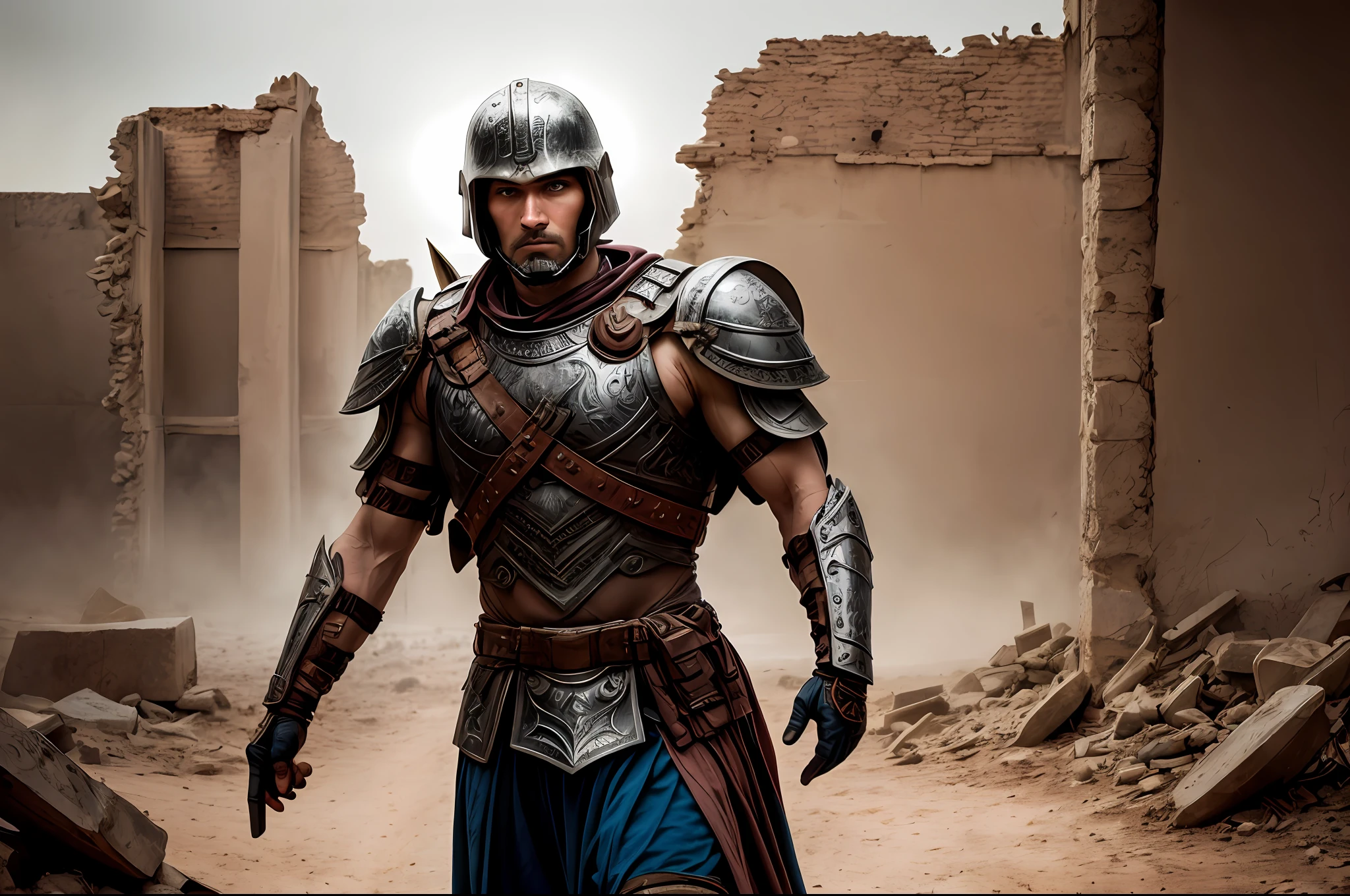 RAW photo, photography, photorealistic, bold RAW photo of a Spartan soldier in ancient armor, in the ruins of a desert. He has an intense look, detailed skin, (with highly detailed tattoos: 1.1), thin eyes. The photo is taken on a professional camera with a shallow depth of field, creating a natural and raw feel. The lighting is soft and adds to the mysterious atmosphere of the scene. The image is highly detailed, cinematic