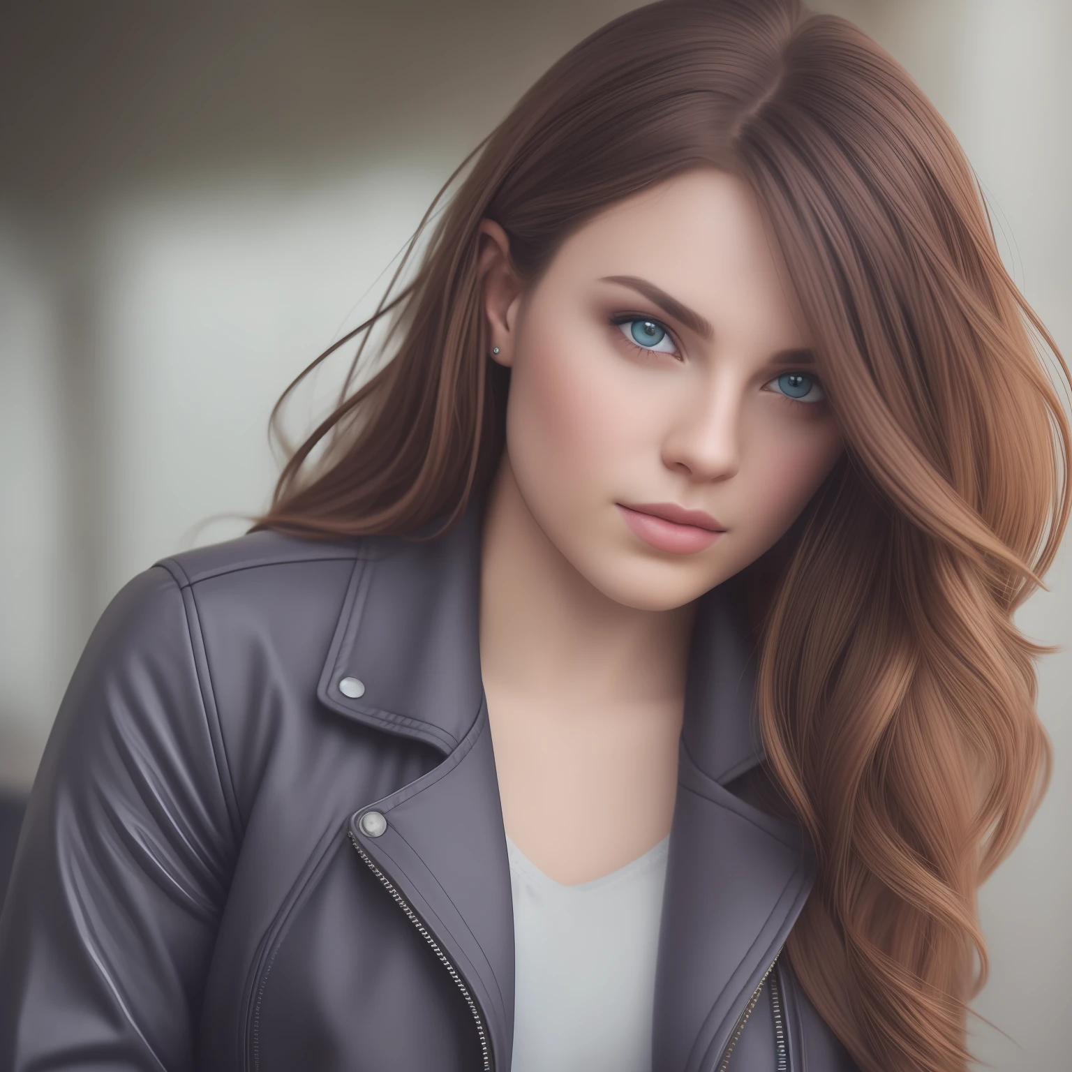 Beautiful woman, blue eyes, straight brown hair, full lips, smart, wearing jeans and a leather jacket. Professional photography in high resolution, taking into account the best focus, distance, lighting and sharpness --seed 845406844