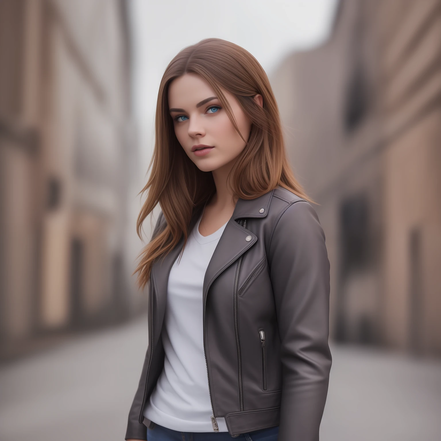 Beautiful woman, blue eyes, straight brown hair, full lips, smart, wearing jeans and a leather jacket. Professional photography in high resolution, taking into account the best focus, distance, lighting and sharpness --seed 845406844