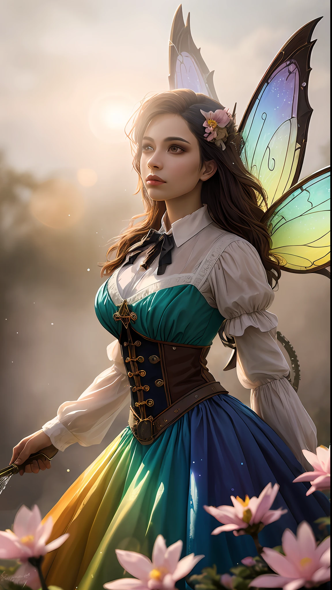 fine art masterclass splash spray trickle daubs of rainbow opaline Prisma Sakuraoil color,Steampunk celestial ethereal ghostly Fairy, HDR, ultra high-detail, centered, bokeh, lens flare, foggy dusk, bloom, light bloom, cinematic lighting, high dynamic range, depth of field, full pose