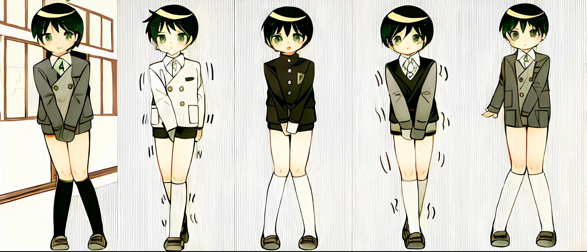 5 Boys, uniform shorts, pee holding