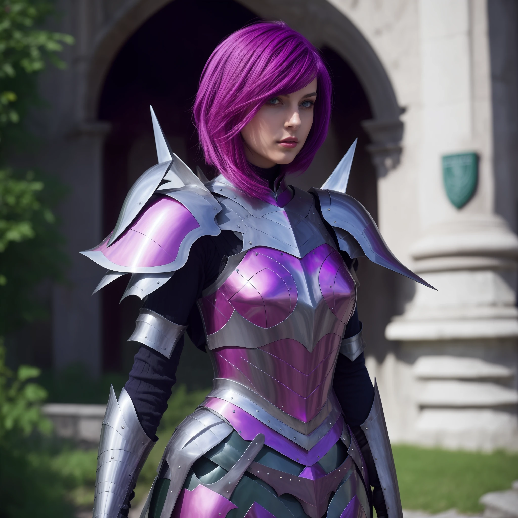 purple haired woman in armor standing in front of a building, purple armor, wearing dark purple armor, sleek purple armor, girl in knight armor, stunning armor, fuchsia skin beneath the armor, wearing fantasy armor, female armor, sharp silver armor fuchsia skin, slick pink armor, streamlined pink armor, female knight, beautiful female knight, very stylish fantasy armor