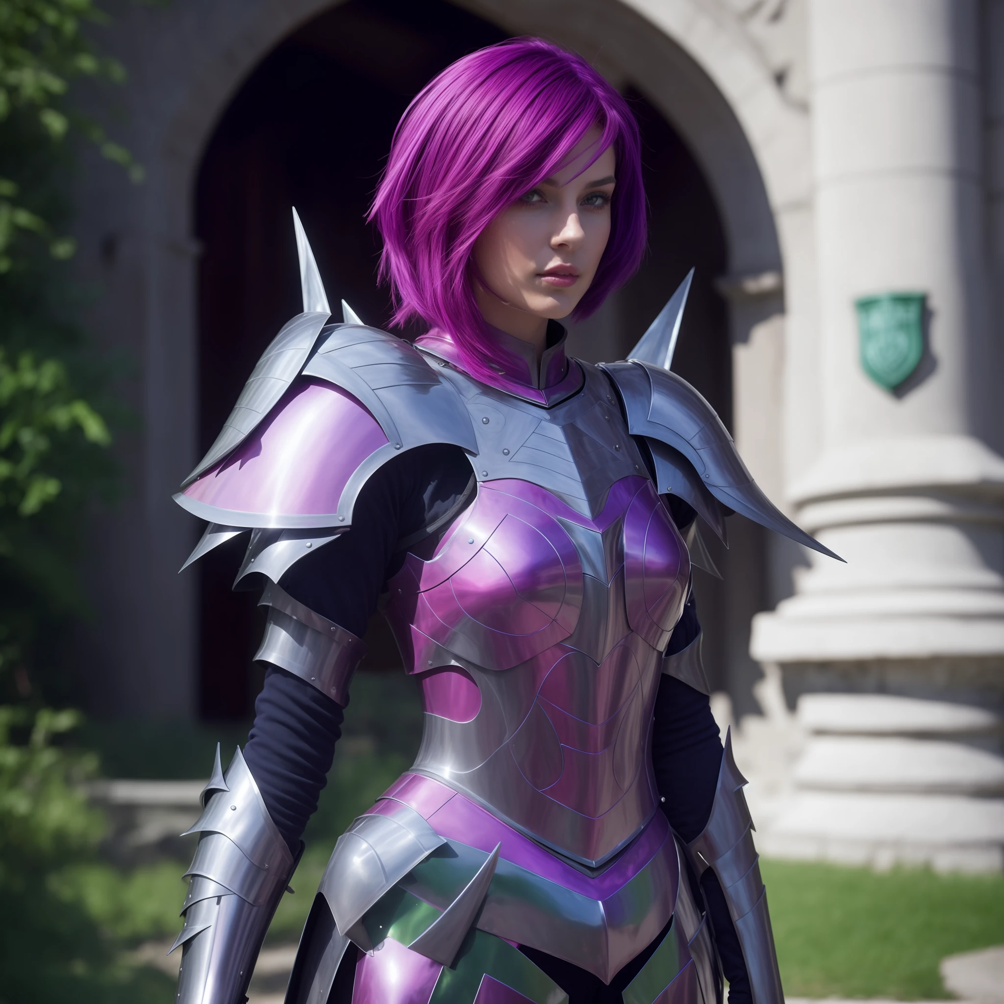 purple haired woman in armor standing in front of a building, purple armor, wearing dark purple armor, sleek purple armor, girl in knight armor, stunning armor, fuchsia skin beneath the armor, wearing fantasy armor, female armor, sharp silver armor fuchsia skin, slick pink armor, streamlined pink armor, female knight, beautiful female knight, very stylish fantasy armor