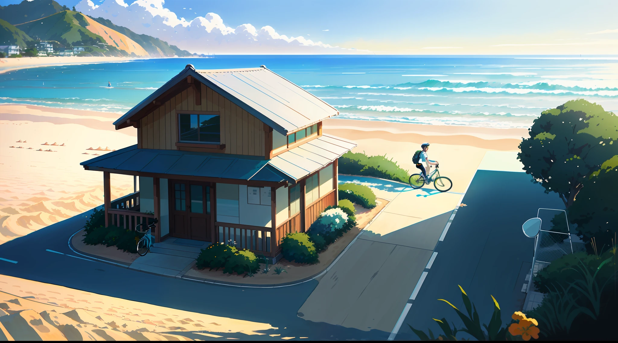 (bike: 1.5), (realistic bike: 1.5), (realistic cyclist: 1.5), back cyclist, Malibu, Malibu Beach, lifeguard station, sand, sun, landscape background, shadows, contrast, makoto shinkai (Best Quality:1.3), (Highres:1) Art by Studio Ghibli Style, Impressionism, Vibrant Colors