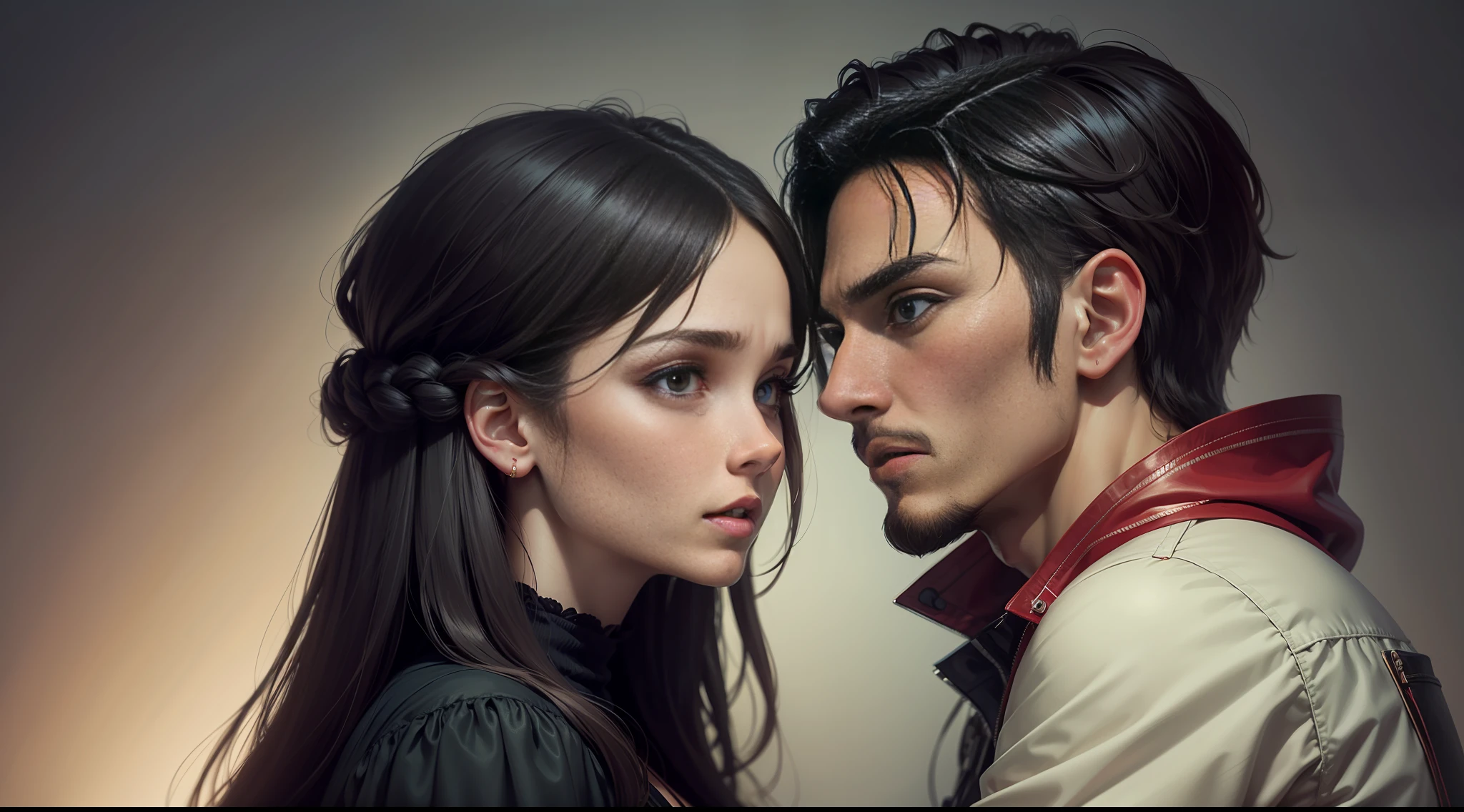 couple a man a woman with an expression of fear on her face looking at each other