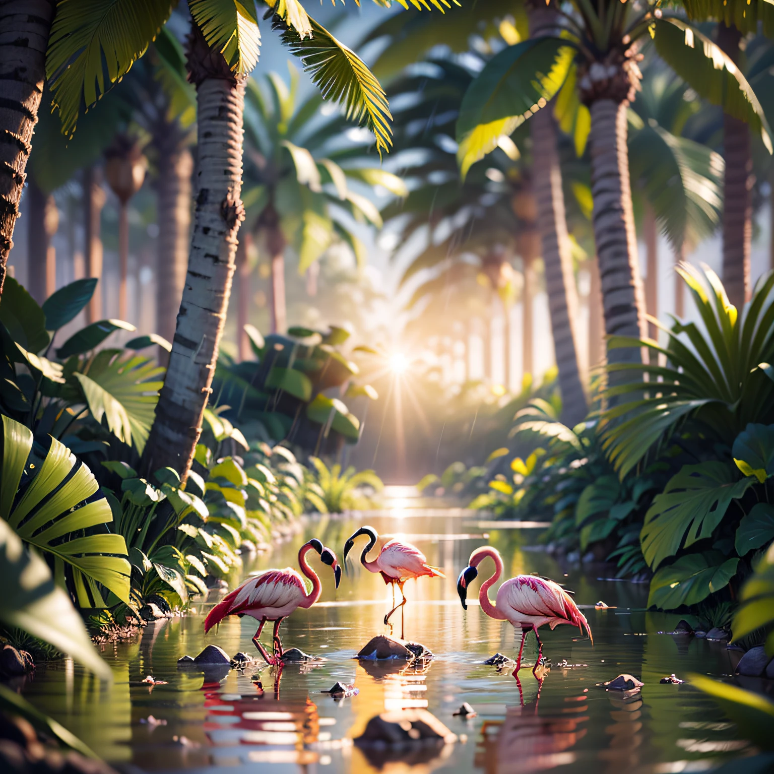 ((best quality)),((masterpiece)), hyper realistic illustration, (((ultra detailed)),, Scene structure: Amazon Rainforest : Winged zebras and flamingos dancing Hawaiian. Dense tropical forest. Wet rain. Florida, lots of flowers, beautiful sunset falling, movie light, cinematics, intricate details. Foliage rich in detail by Pixar,, award-winning work, chromatic , 8K, motion blur, cinematic lighting, depth of field, reflection light, god rays, glowing light, blending, drop shadow, masterpiece, 3D rendering, smooth , high quality print