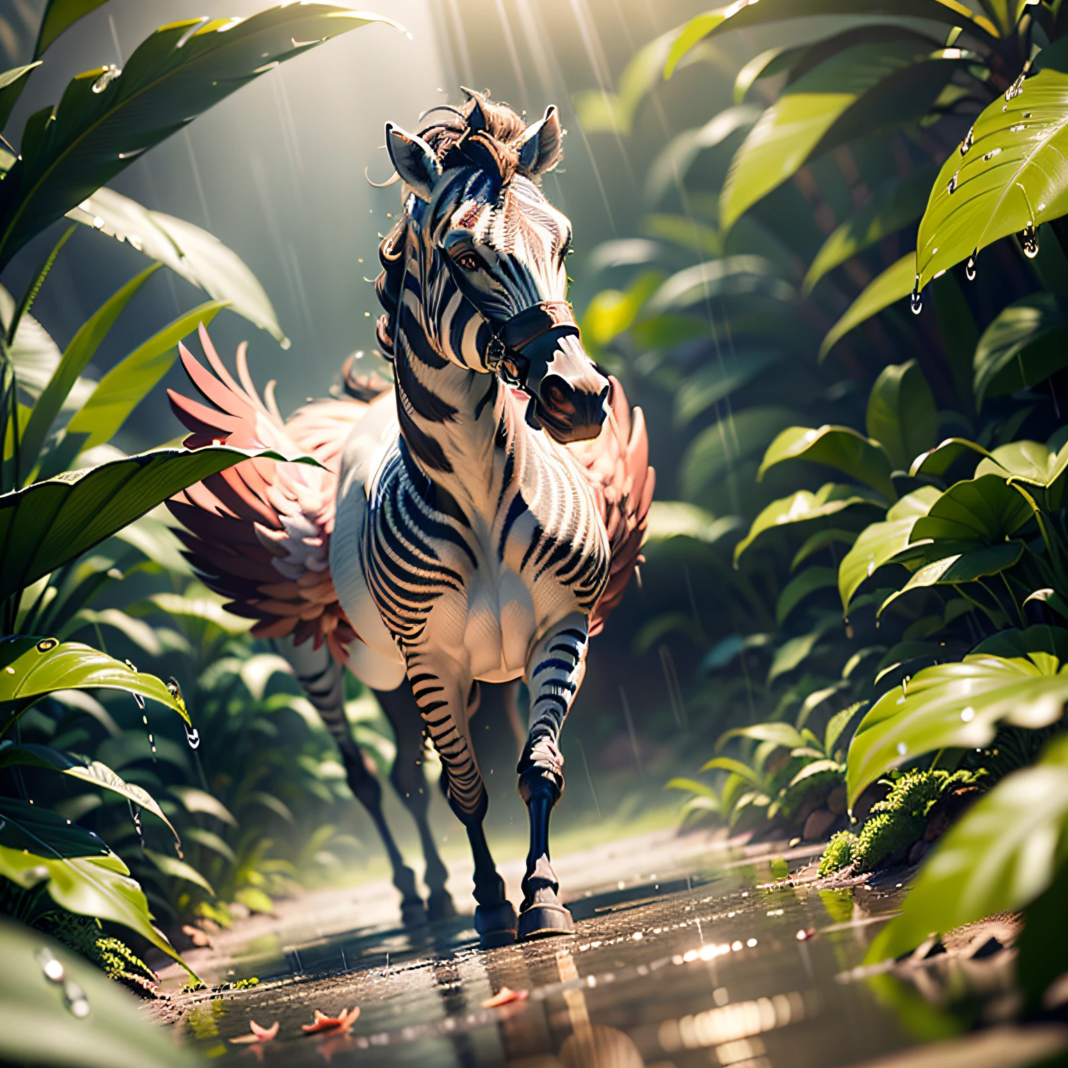 ((best quality)),((masterpiece)), hyper realistic illustration, (((ultra detailed)),, Scene structure: Amazon Rainforest : Winged zebras and flamingos dancing Hawaiian. Dense tropical forest. Wet rain. Florida, lots of flowers, beautiful sunset falling, movie light, cinematics, intricate details. Foliage rich in detail by Pixar,, award-winning work, chromatic , 8K, motion blur, cinematic lighting, depth of field, reflection light, god rays, glowing light, blending, drop shadow, masterpiece, 3D rendering, smooth , high quality print