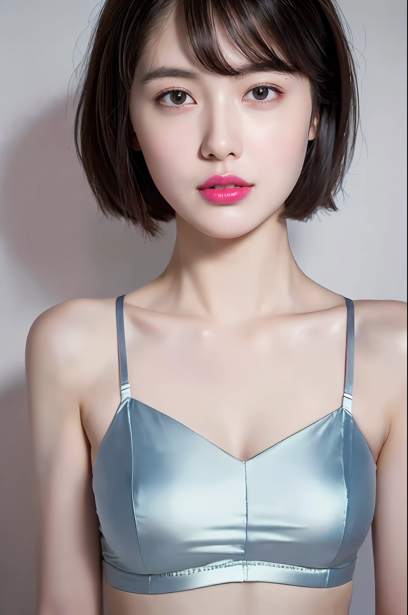 1girl, Ultra Detailed Skin, Look, (Perfect Body Beauty:1.4), (Shoulder-length short hair with bangs:1.2), (Photorealistic:1.4), (Best Quality:2.0), (Ultra High Definition:1.0), 8K, RAW Photography, (Masterpiece:1.5), (pureerosface_v1:1.5),Pink Lingerie,Satin Fabric,Big Eyes,Big,( Shining lips:1.4),dynamic lighting,glowing skin,pink glowing lipstick,white beautiful skin
