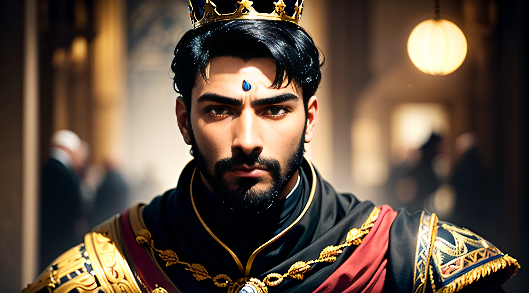 (masterpiece, best quality, ultra-detailed, best shadow), (detailed background, portrait, side view, medieval portrait, looking at the viewer, no expression), (detailed beautiful face, masculine features, mature face, strong jaw), (best lighting), ((cinematic light)), colorful, hyper detail, dramatic light, intricate details, (man named Youssef, dark-skinned man, beard, brown eyes, short black hair, crown, royal, emperor), 24mm, Canon