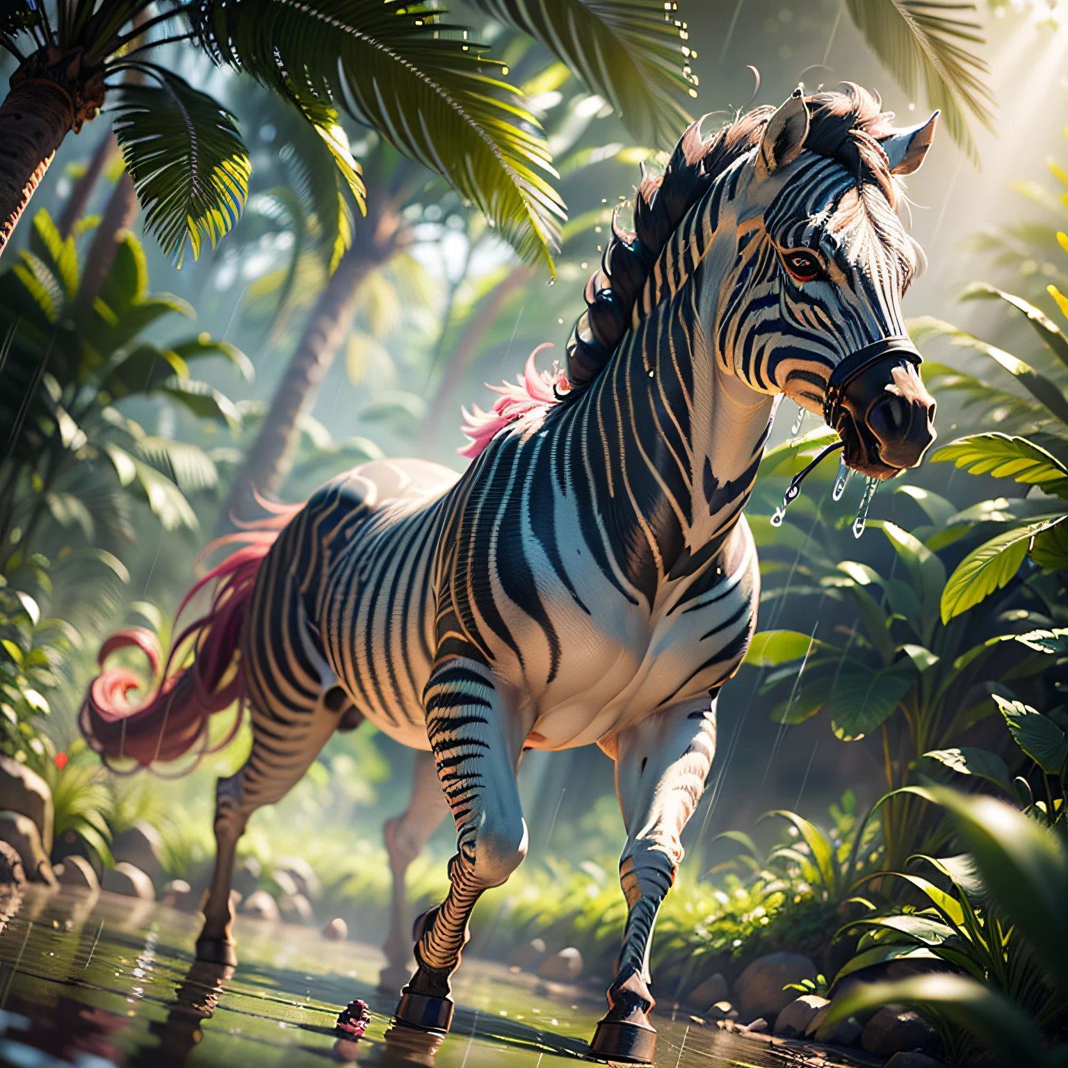((best quality)),((masterpiece)), hyper realistic illustration, (((ultra detailed)),, Scene structure: Amazon Rainforest : Winged zebras and flamingos dancing Hawaiian. Dense tropical forest. Wet rain. Florida, lots of flowers, beautiful sunset falling, movie light, cinematics, intricate details. Foliage rich in detail by Pixar,, award-winning work, chromatic , 8K, motion blur, cinematic lighting, depth of field, reflection light, god rays, glowing light, blending, drop shadow, masterpiece, 3D rendering