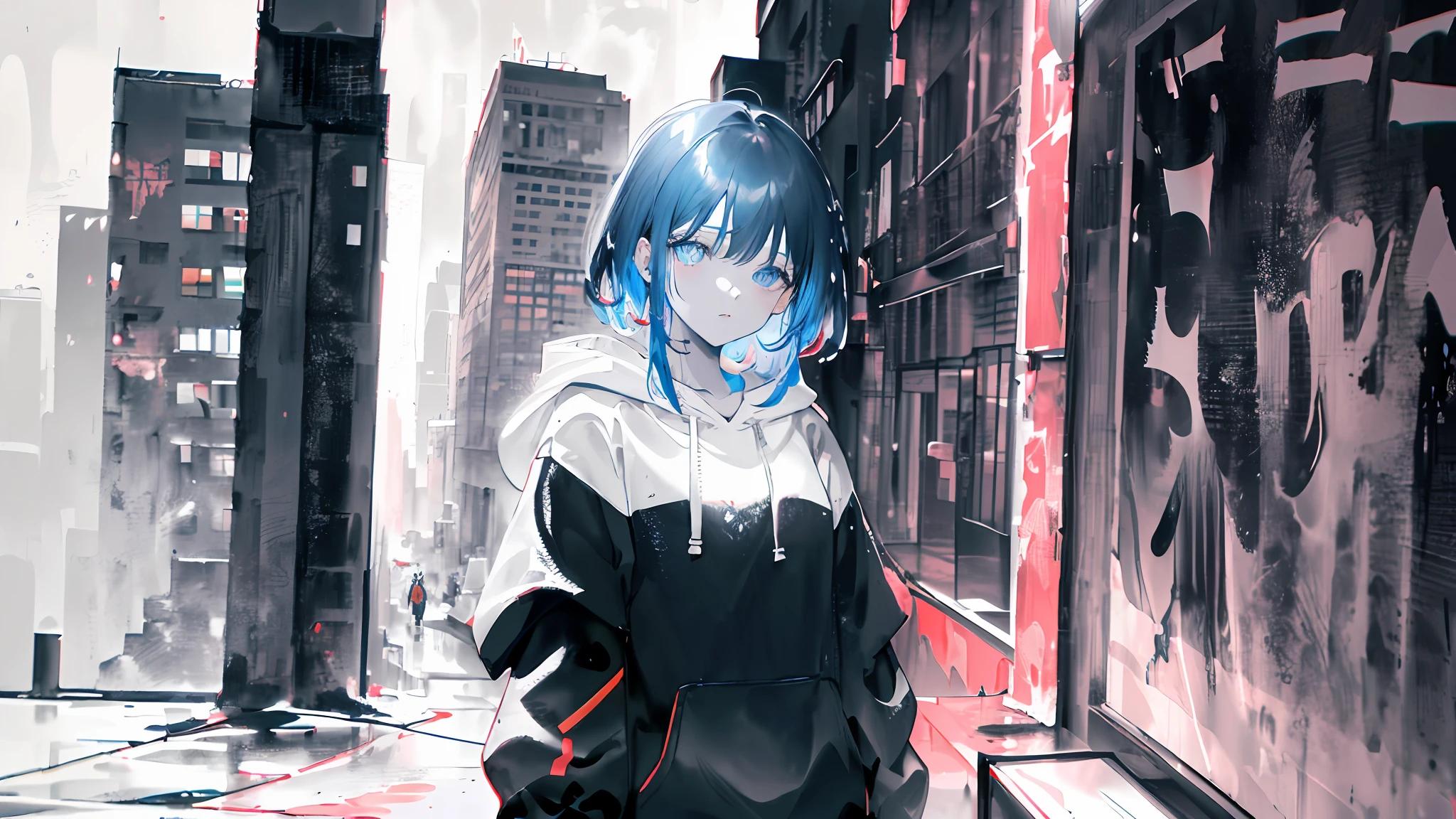 (Cornflower art), (mdjrny-pntrt:1.3), (dalcefo), vaporwave,
1 (thin:1.3) hooded girl, girl has dreamy pupils, (see veiwer:1.2),
rainy city street,
(chromatic aberration), (ink splash:1.3), (paint and wash paint), (partially colored:1.3), (graphite:1.2) best quality, 8k, wallpaper, wallpaper, dimension 1900x2000