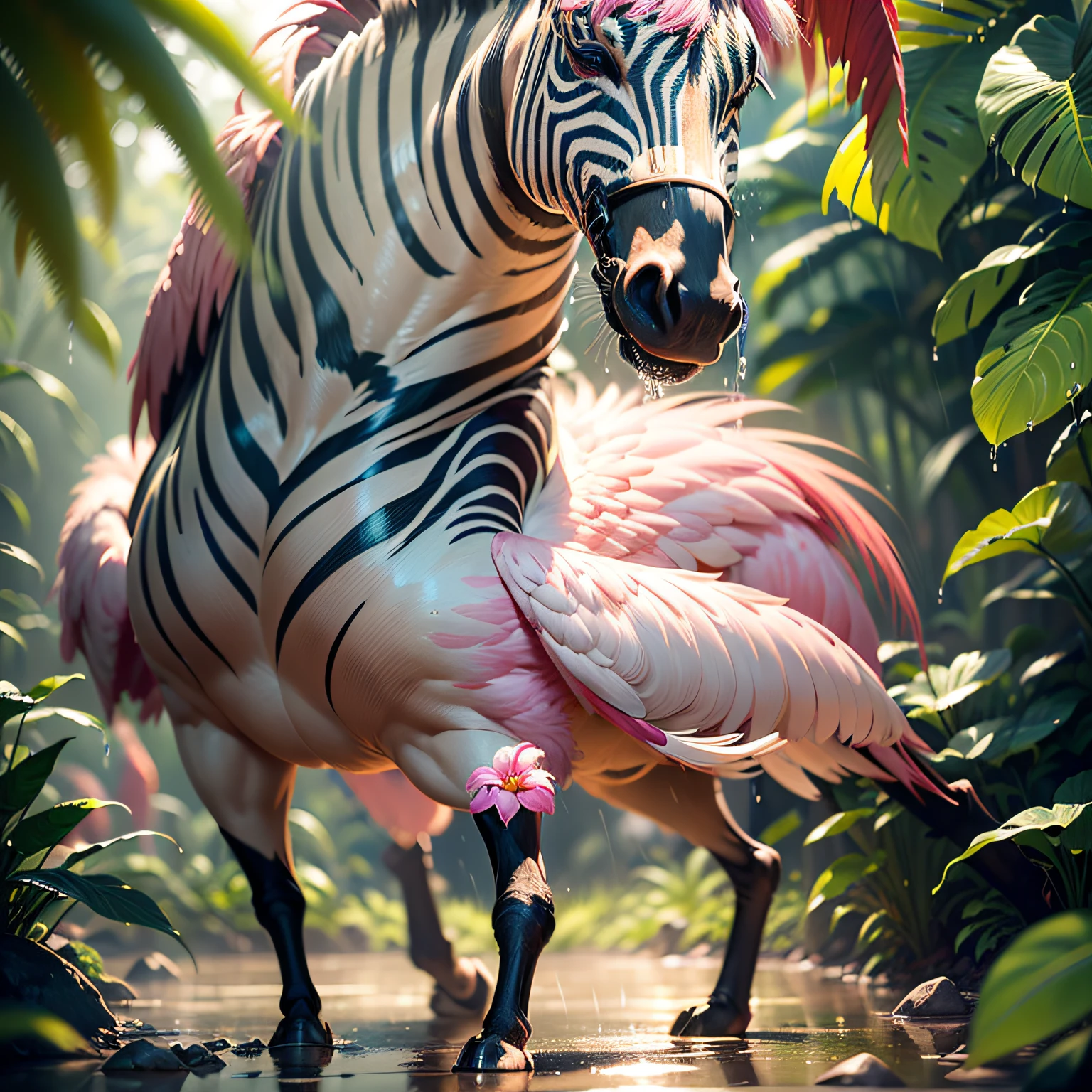 ((best quality)),((masterpiece)), hyper realistic illustration, (((ultra detailed)),, Scene structure: Amazon Rainforest : Winged zebras and flamingos dancing Hawaiian. Dense tropical forest. Wet rain. Florida, lots of flowers, beautiful sunset falling, movie light, cinematics, intricate details. Foliage rich in detail by Pixar,, award-winning work, chromatic, 8K, motion blur, cinematic lighting, depth of field, reflection light, god rays, glowing light, blending, drop shadow, masterpiece