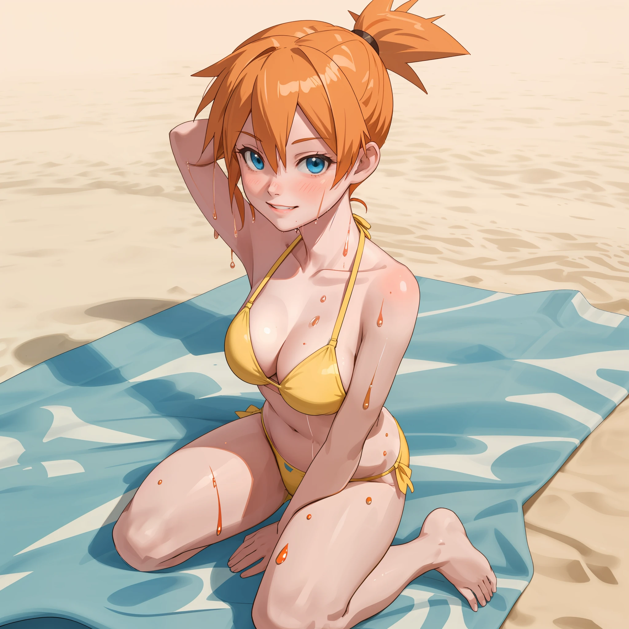 [Misty_(Pokemon)], ((High definition)), ((detailed shading)), ((beautiful solo portrait)), ((full body)), ((raw photo)), ((semi-realistic)), ((anime girl)), ((beautiful 3D art)), {attractive; (wet orange hair; spiky ponytail), (beautiful blue eyes), (happy smirk; white teeth), yellow bikini top, blue panties, curvaceous hips, beautiful lips, (soaked:1.2)}, (sitting on beach towel; on knees, hands behind head), [background; beach, sunny, beautiful waves]