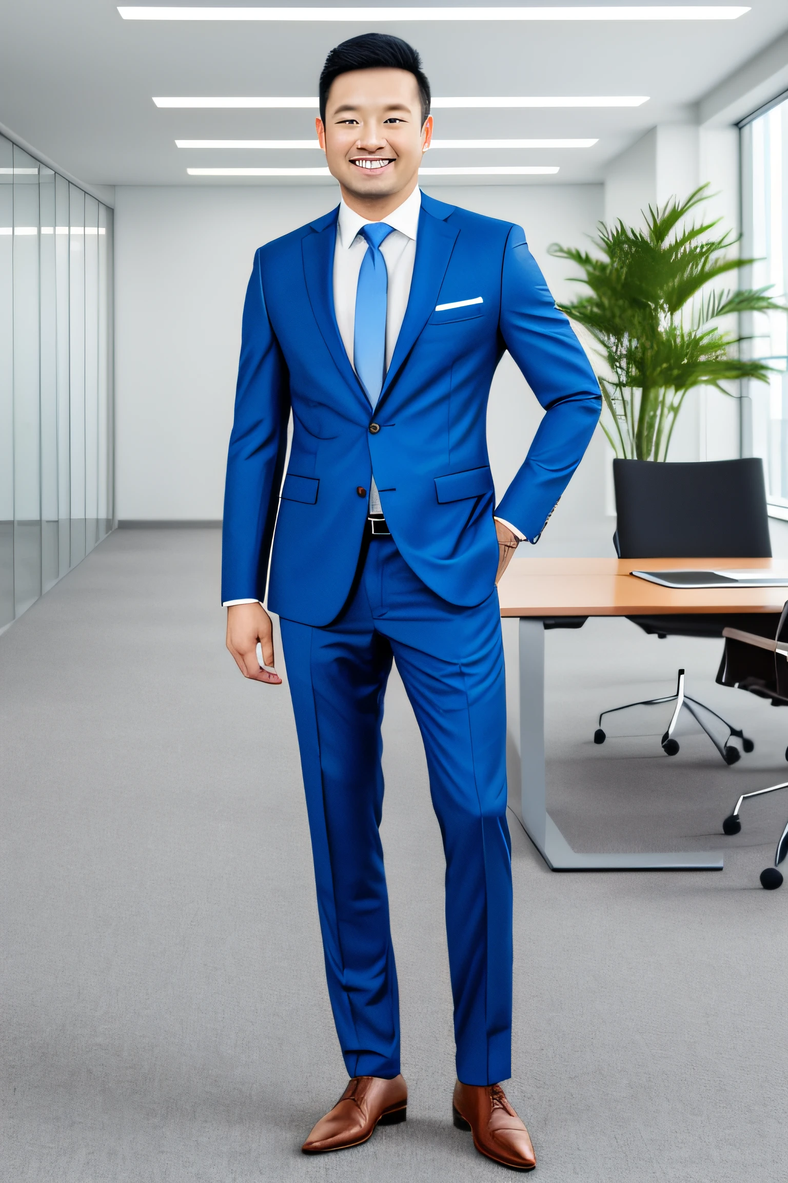 Man in blue suit, full body portrait shoot, standing in office, full portrait, detailed professional photo, professional corporate portrait, full body photo, smile, Asian, bright picture, natural pose --auto