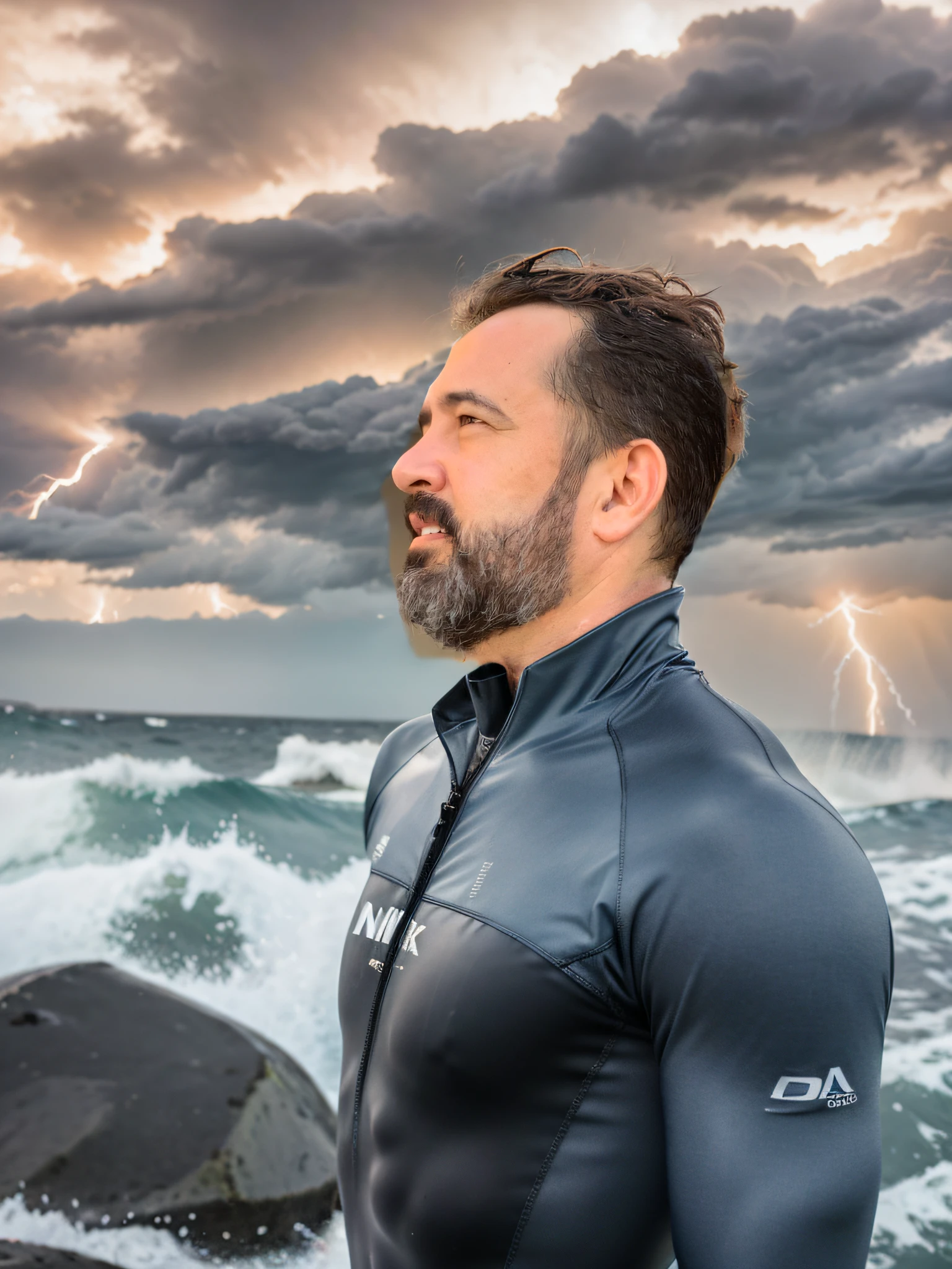 masterpiece in intricate detail and quality RAW style photograph of a woman in the middle of the seawith storm in the background and lightning cutting through the gray sky of clouds, a lightning falling into the sea, wearing a blue and gray wetsuit, ultra sharp male focus, award-winning portrait photography, sharp focus, overcast sky, Storm photographed with Nikon D6 camera 200mm f/3.5 lens, natural realist