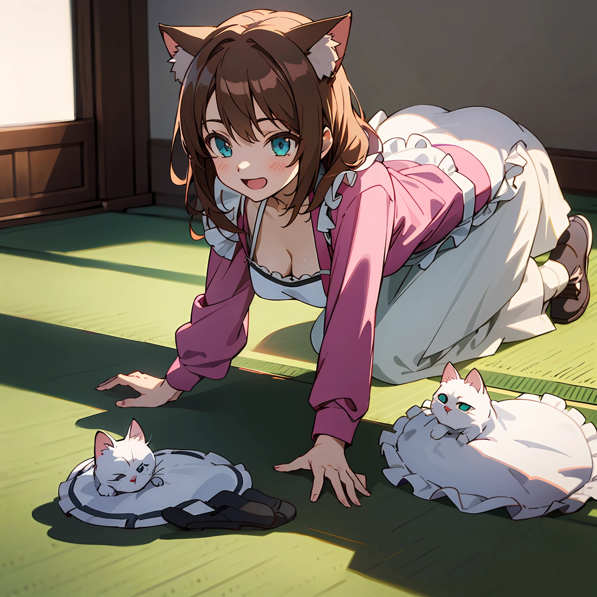 masterpiece, (Best Quality:1.4),(Perfect Anatomy:1.4), High Quality, very_high_resolution, Ultra Detailed, large_filesize, Full Color, Detail, 8K, 4K, High Resolution,Symmetrical,Extraordinary, Best Aesthetics, New, Latest, Very Detailed, Anime, Detailed Beautiful Face and Eyes, Very Detailed Body, Very Detailed Hair Lovely Hands, Perfect Hands, Beautiful Hands, One Girl, Cat ears, (big breasts, cleavage, brown hair, disheveled hair semi-long hair, long sleeves, light smile: 1.5), (girl crawling on all fours on a tatami mat in 3 tatami mats, metallic pink maid bikini: 1.4), (dynamic angle, looking ahead, cowboy shot: 1.2), (open mouth, , brown hair, short hair, cat ears, aqua eyes, maid apron, white apron, black sneakers, slender girl), (apartment for 3 Japan, daylight, light),