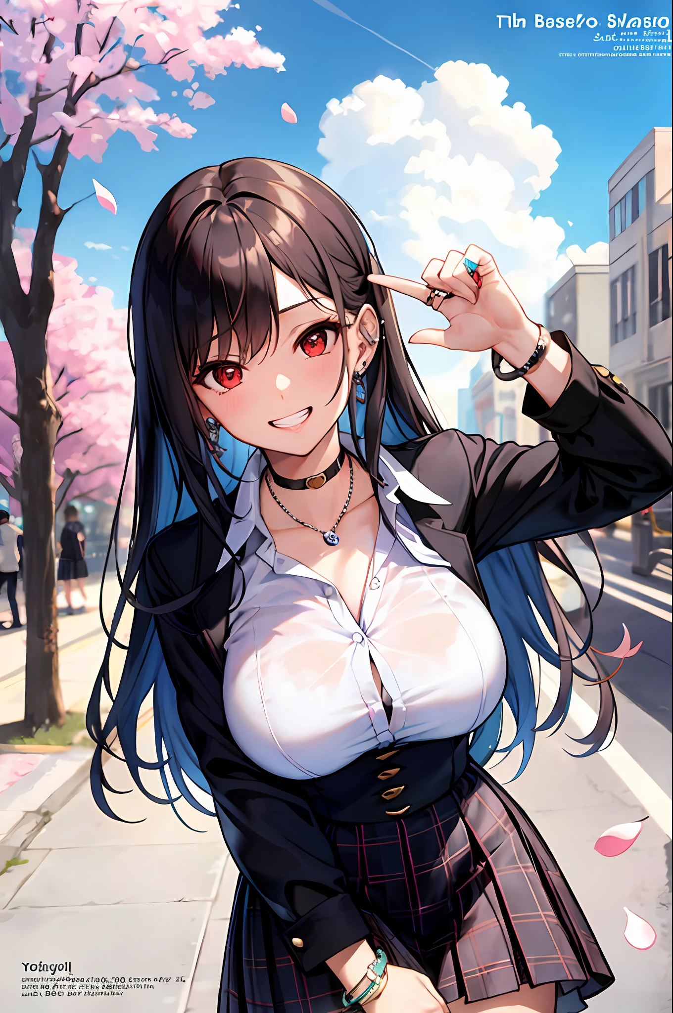 Masterpiece, Superb Piece, Full Body, 1Girl, Bangs, Black Choker, Black Tie, Black Hair, Blue Dress, Blush, Bracelet, Beautiful Breasts, Choker, Corsets, Collarbones, Collared Shirts, Denim Photos, Dress Shirts, Pierced Ears, Eyebrows Visible Through Hair, Gradient Hair, Grin, Gyaru, Jewelry, Kogal, Long Hair, Look at the Audience, Loose Tie, Tie, Piercing, Plaid Skirt, Plaid Skirt, Pleated Skirt, Red Eyes, Ring, School Uniform, Shirt, Skirt, Smile, Solo, white shirt, street, sky, cherry blossoms, flower petals, illustration, (magazine: 1.3), (cover style: 1.3), fashion, woman, vitality, dressing, posing, front, colorful, dynamic, background, element, confident, expressive, holding, statement, attachment, majestic, coiled, around, touch, scene, text, cover, bold, eye-catching, title, fashion, font, catchy, title, bigger, eye-catching, headline, bigger, eye-catching, modern, fashionable, focused, fashionable, big breasts
