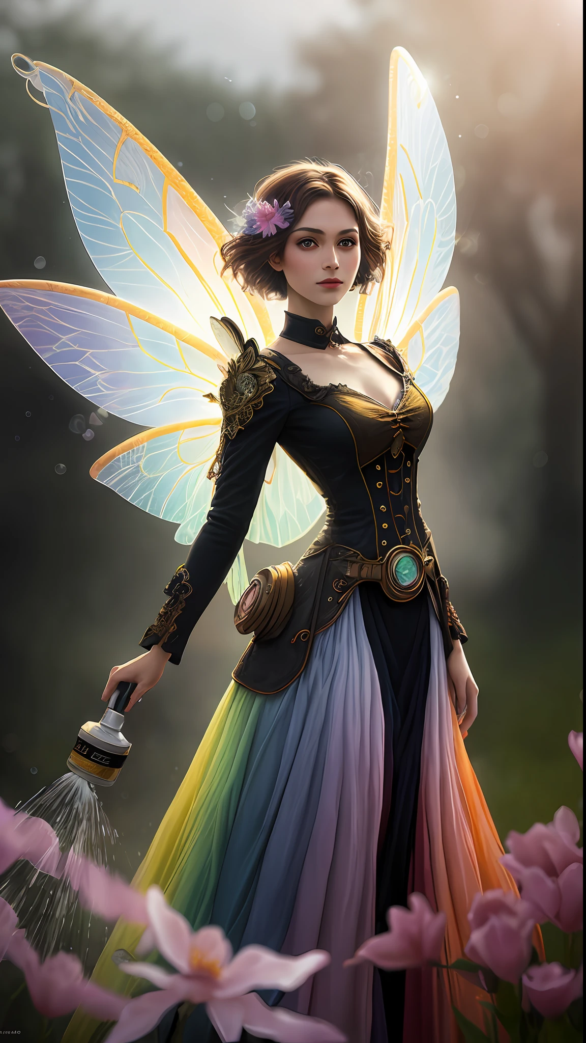 fine art masterclass splash spray trickle daubs of rainbow opaline Prisma Sakuraoil color,Steampunk celestial ethereal ghostly Fairy, HDR, ultra high-detail, centered, bokeh, lens flare, foggy dusk, bloom, light bloom, cinematic lighting, high dynamic range, depth of field, full pose