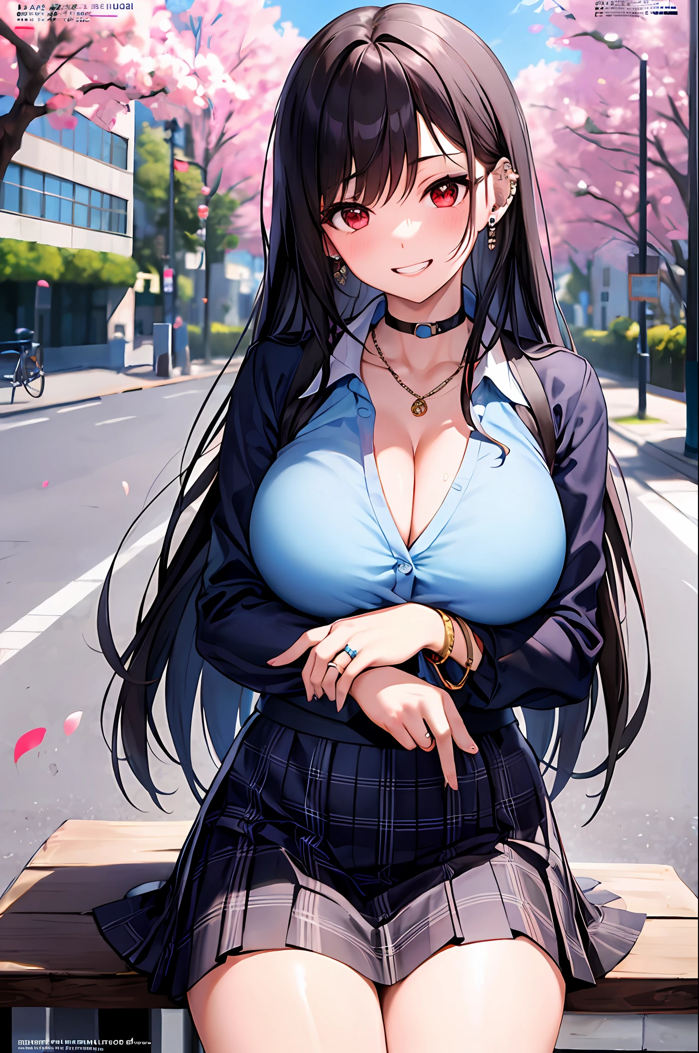 Masterpiece, Superb Piece, Full Body, 1Girl, Bangs, Black Choker, Black Tie, Black Hair, Blue Dress, Blush, Bracelet, Beautiful Breasts, Choker, Corsets, Collarbones, Collared Shirts, Denim Photos, Dress Shirts, Pierced Ears, Eyebrows Visible Through Hair, Gradient Hair, Grin, Gyaru, Jewelry, Kogal, Long Hair, Look at the Audience, Loose Tie, Tie, Piercing, Plaid Skirt, Plaid Skirt, Pleated Skirt, Red Eyes, Ring, School Uniform, Shirt, Skirt, Smile, Solo, white shirt, street, sky, cherry blossoms, flower petals, illustration, (magazine: 1.3), (cover style: 1.3), fashion, woman, vitality, dressing, posing, front, colorful, dynamic, background, element, confident, expressive, holding, statement, attachment, majestic, coiled, around, touch, scene, text, cover, bold, eye-catching, title, fashion, font, catchy, title, bigger, eye-catching, headline, bigger, eye-catching, modern, fashionable, focused, fashionable, big breasts