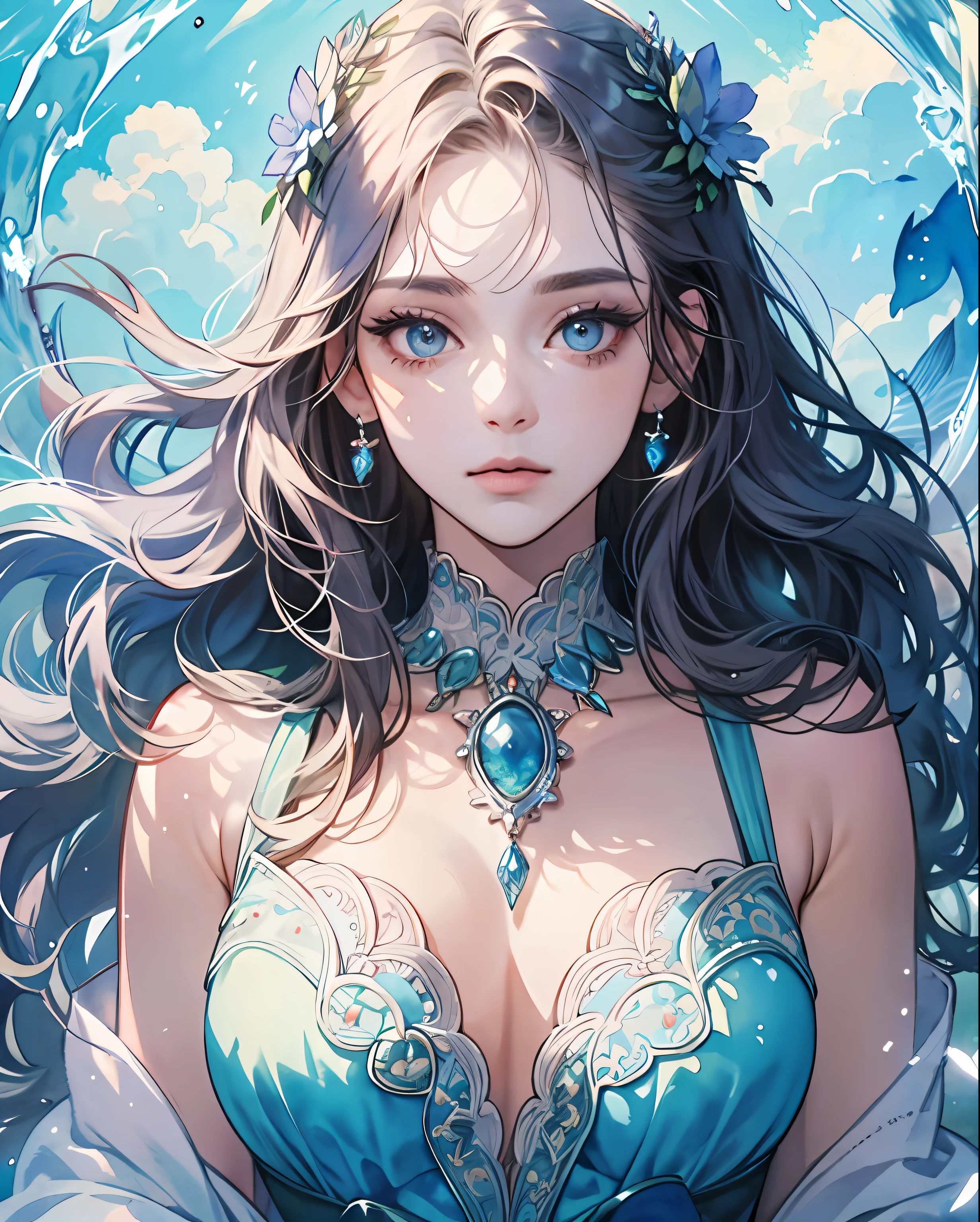 (extremely delicate and beautiful, watercolor (average), official art, beautiful and aesthetic:1.2), (fractal art: 1,3), 8k,(masterpiece:1.0),(best_quality:1.0), 1girl, mature woman, complex details, enlarged textures, complex details, finely detailed eyes and detailed face, intricate details, long wavy hair, hair with shades of blue and purple, (closed mouth), perfect eyes, equal eyes, blue eyes, wearing a light blue dress, fish swimming around, shades of blue, magical aura, liquid, cloud, colorful, scales, delicate, (goddess) dreamy and gentle expression