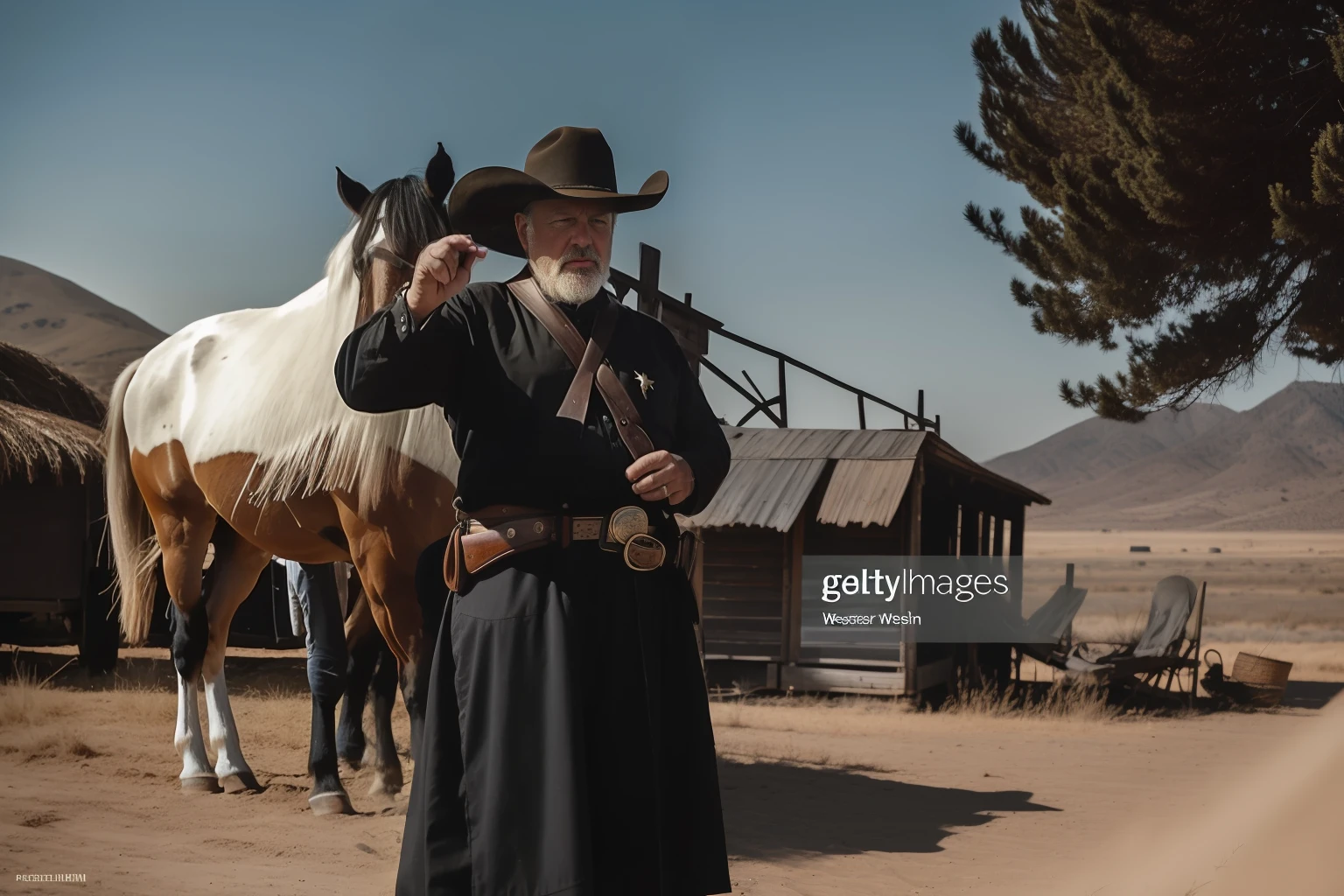 (best quality) A film still depicting a cowboy, black clothes, white skin, 60 years old, gray hair, large cross on the chest, facing the sunset in a foreign Western scene. (western style) The scene is reminiscent of a Western movie, with shades