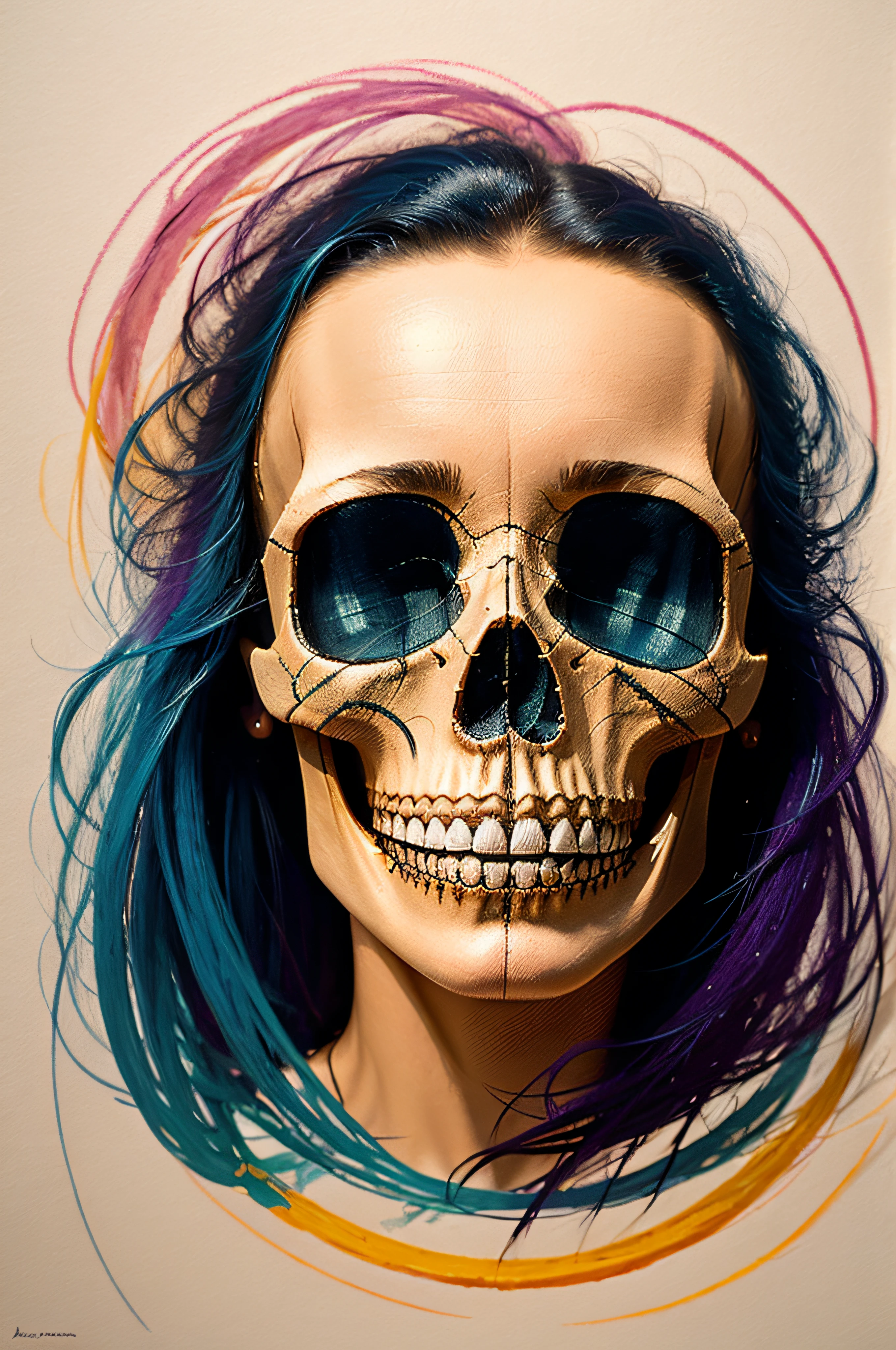 Abstract artwork that uses colorful overlapping shapes to create a portrait of a beautiful human skull. The look should be inspired by the unique painting styles found in cubism with an emphasis on texture and intricate detail including hand - drawn typefaces and organic flourishes around the empty eye sockets