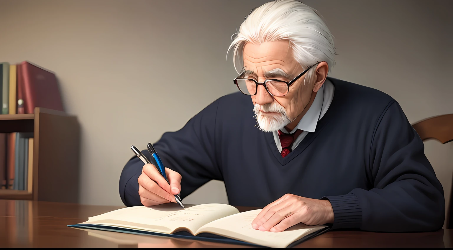 Realistic photos of an old man with white hair studying, sharp and realistic details, masterpiece