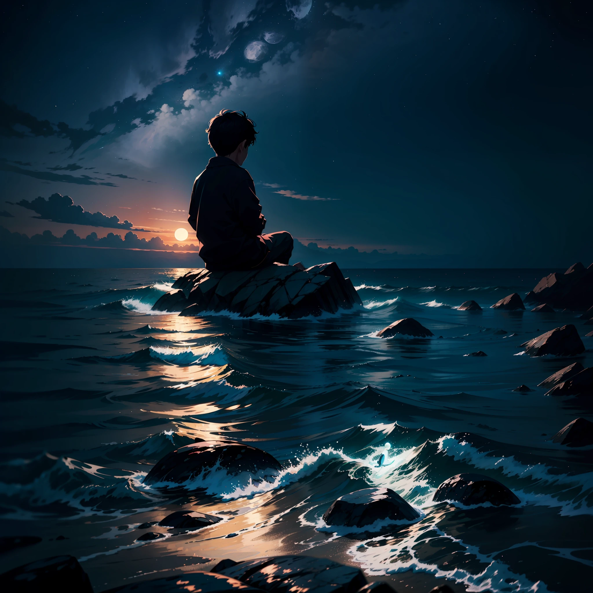 Silhouette of boy in front of the sea at night, sitting on a small stone wall with moonlight, good lighting, beautiful sea, water reflection, 4k, 8k, detailed sky with beautiful colors, moon detailed, super detailed image, HD, beautiful colors