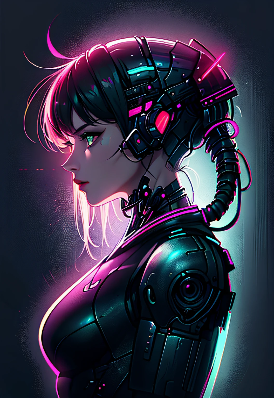 (Book cover) (masterpiece), (highest quality), (official art, highly detailed CG Unity 8k wallpaper), (very detailed), attractive profile picture, girl who became a cyborg, ninja, hero, laziness, antisocial, meme, neon cold lighting, retro future, vaporwave,