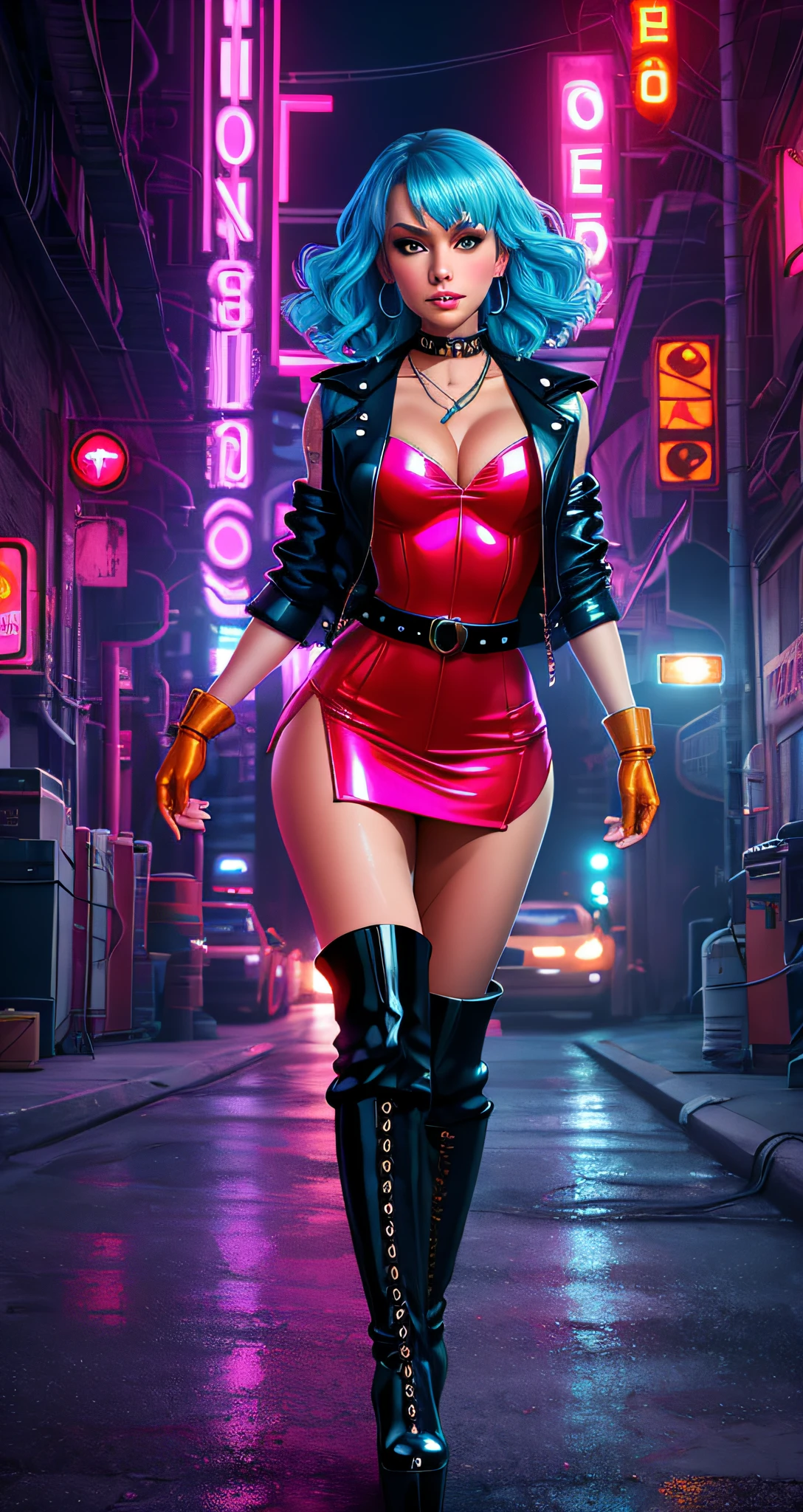 woman, stripper, light blue hair, dark blue eyes, detailed face,og style, woman, (thepit bimb)), blue eyes, pink hoop earrings, detailed, skin texture, orange hair, full lips, full body perspective, collar, black jacket, centered, tan skin, looking at viewer, kneesocks, 8k, highly detailed, glossy, [Nina Dobrev|Emma Stone], symmetric, realistic, photo-realistic, cleavage out, tight dress, studio lights, wide hips, glowing colors, glowing skin, wavy hair, cyberpunk, breast enlargemengerless gloves, neon lights, black sleeves, belt chain, black boots, punk boots, platform boots, high heels,
([Jen Herron|Jane Herron]:0.8), (puffy lips :0.9),
mastece, professional, high quality, beautiful, amazing, gothic, Getty Images, miko, giant,
photoshoot, 4k, realistic, detailed background, abhorrent, real life, by Walter Beach Humphrey, by Pierre Bonnardther and daughter slutty,