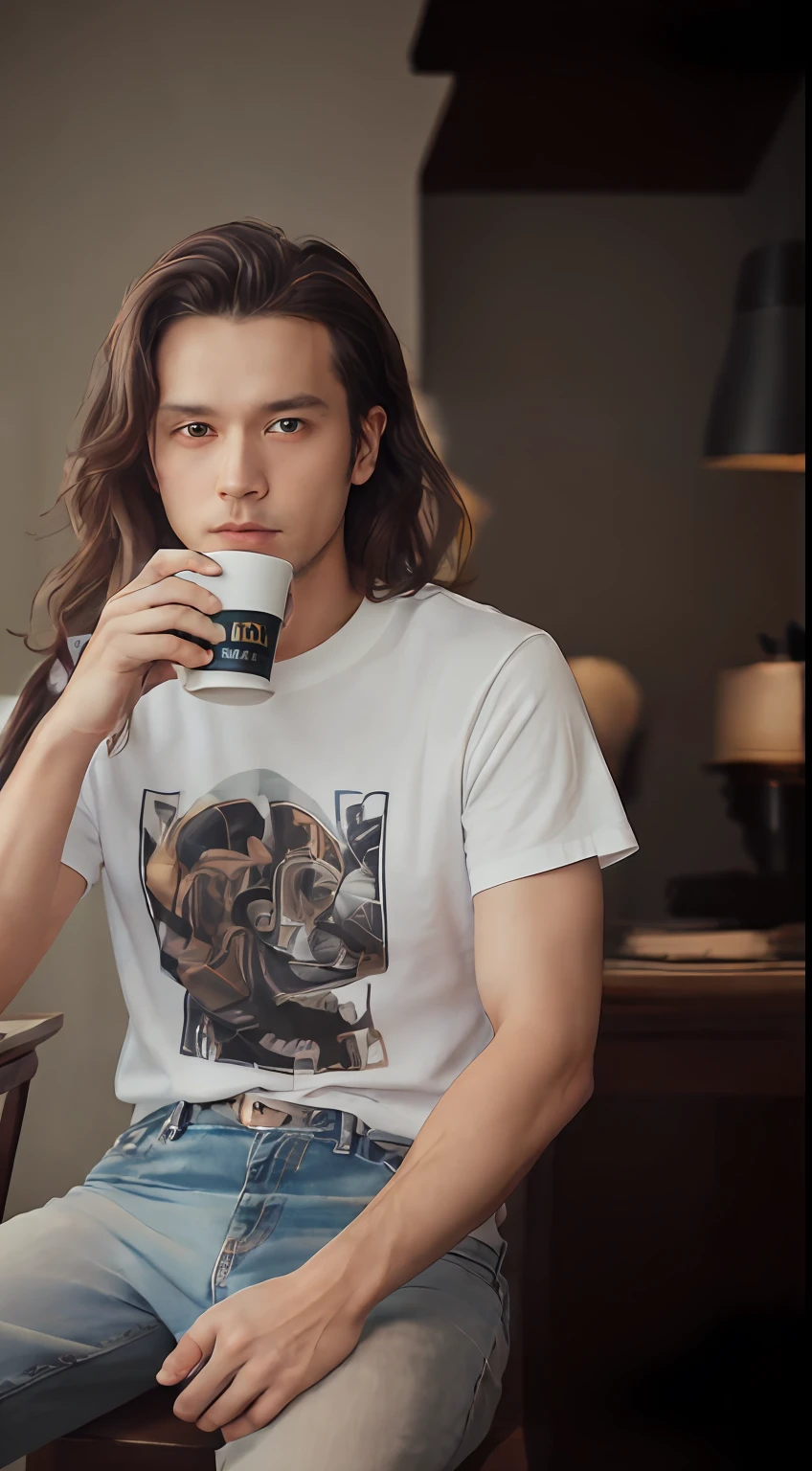 ((Masterpiece: 1.2, Best Quality)), 4K, Adult, 1 person, Male, Mature, 35 years old, Handsome, Very tall, muscular, wide shoulders, details, details, wavy white hair, gray eyes, portrait, hair between eyes, porcelain mask on the left side of the face, arms on the back, full body, with cropped t-shirt, jeans, leather shoes, drinking coffee, soft lighting, masterpiece, best quality, 8k ultra hd, DSLR, film grain, Midjourney and greg Fujifilm XT3 by rutkowski --auto