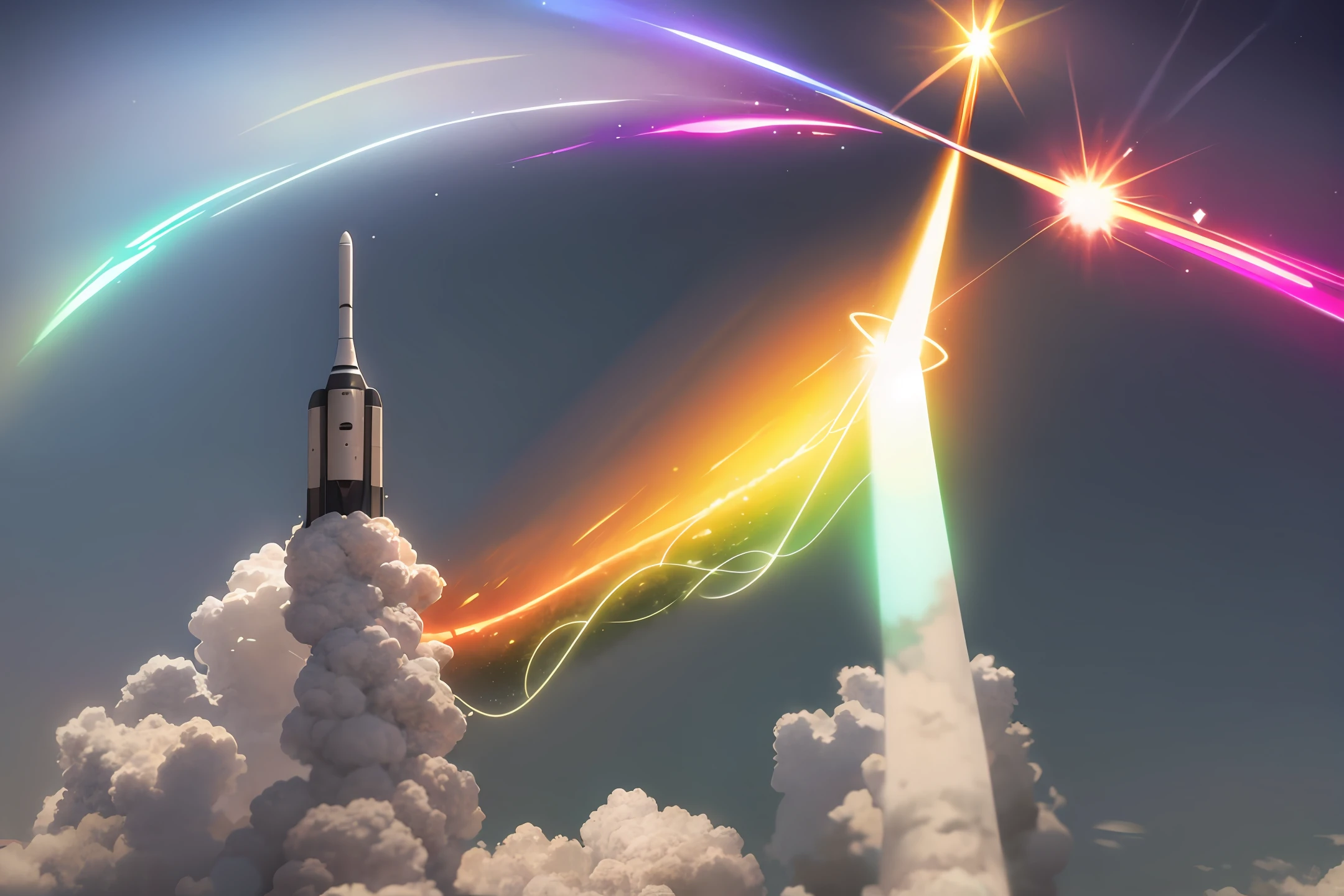 A rocket with a thruster releasing a beautiful rainbow, hyper realistic