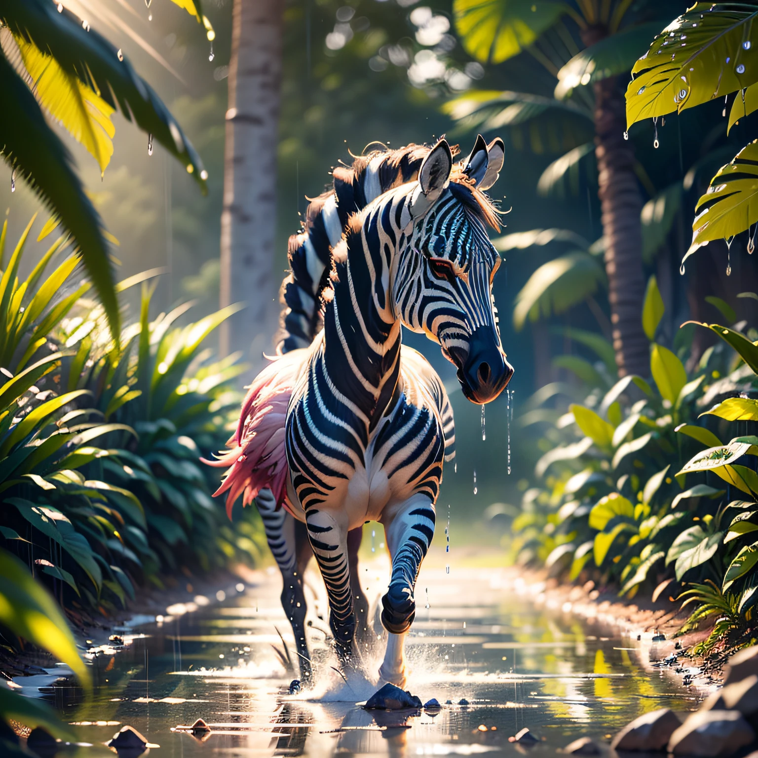 ((best quality)),((masterpiece)), hyper realistic illustration, (((ultra detailed)),, Scene structure: Enchanted forest: Winged zebras and flamingos dancing Hawaiian. Dense tropical forest. Wet rain. Beautiful sunset falling, movie light, cinematic, intricate details. Foliage rich in detail by Pixar, Walt Disney,, award-winning work, chromatic, 8K, motion blur, cinematic lighting, depth of field, reflection light, god rays, glowing light, blending, drop shadow, masterpiece