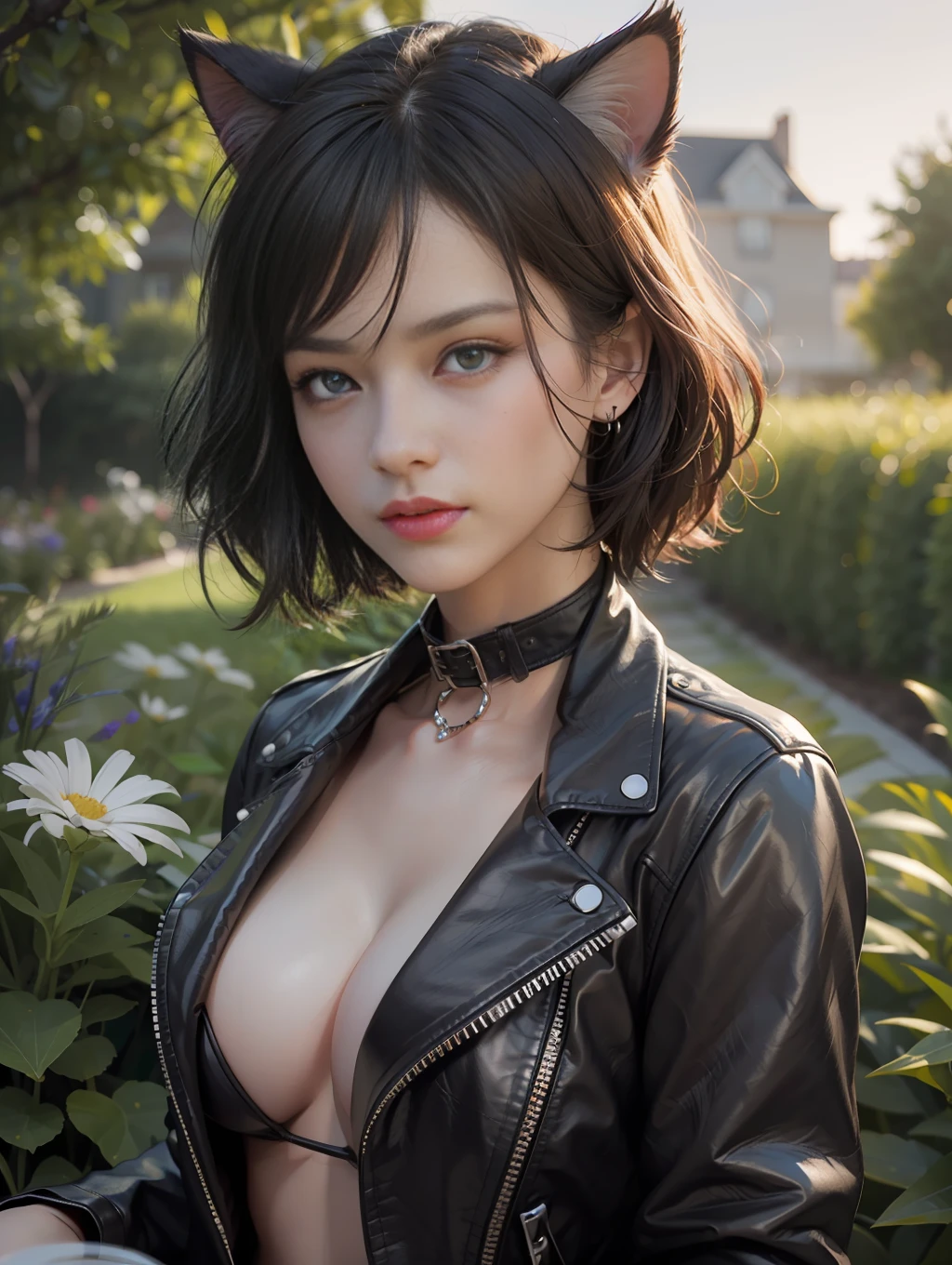 ultra detailed, masterpiece, best quality, photorealistic,1beatiful girl,cat ears on head,cat taile,detailed amber eyes,slanted eyes,black short hair,leather jacket wearover bikini,in garden,detailed shadow
