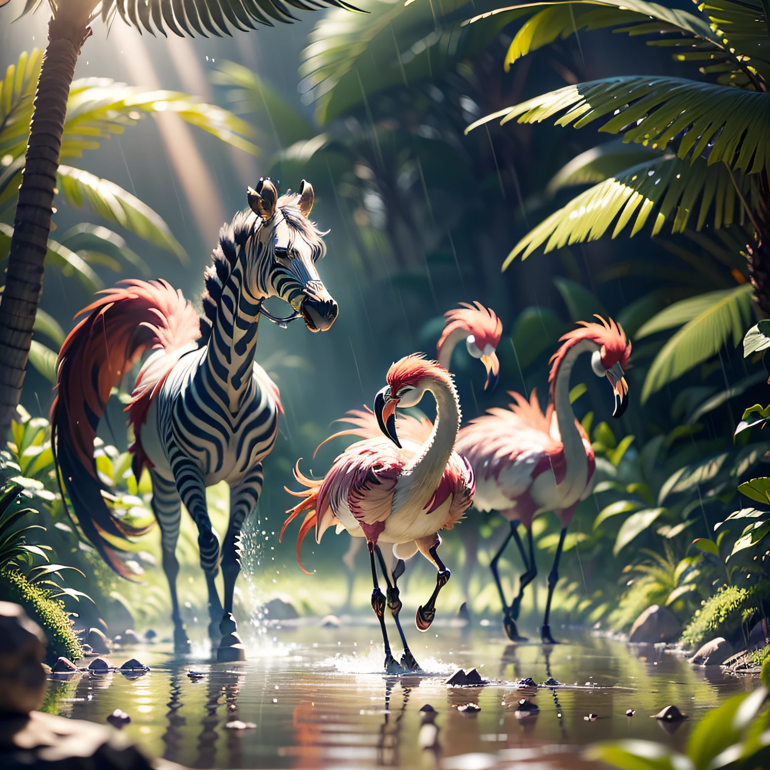 ((best quality)),((masterpiece)), hyper realistic illustration, (((ultra detailed)),, Scene structure: Enchanted forest: Winged zebras and flamingos dancing Hawaiian. Dense tropical forest. Wet rain. Beautiful sunset falling, movie light, cinematic, intricate details. Foliage rich in detail by Pixar, Walt Disney,, award-winning work, chromatic, 8K, motion blur, cinematic lighting, depth of field, reflection light, god rays, glowing light, blending, drop shadow, masterpiece