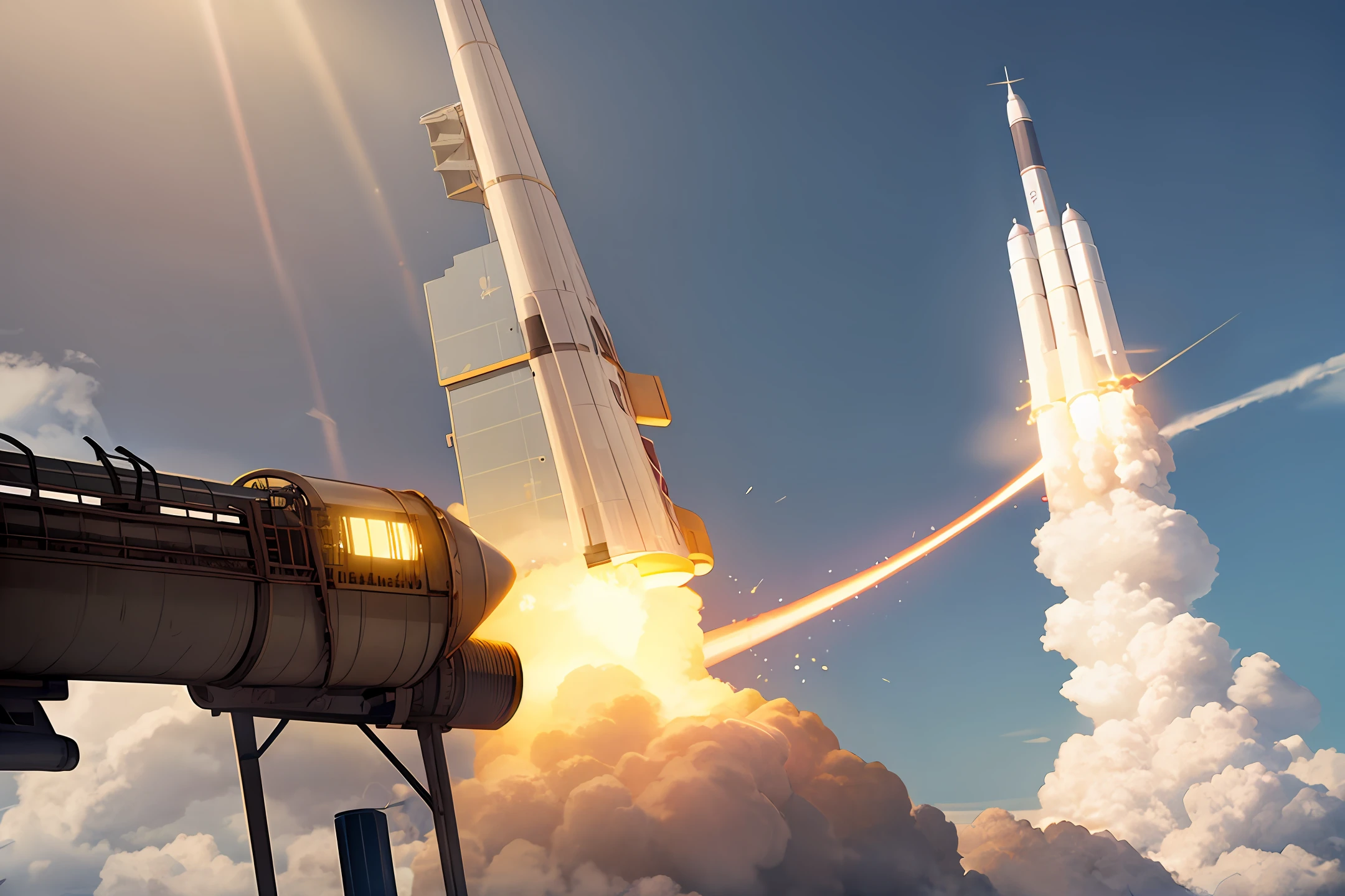 A rocket with a thruster releasing a beautiful rainbow, hyper realistic